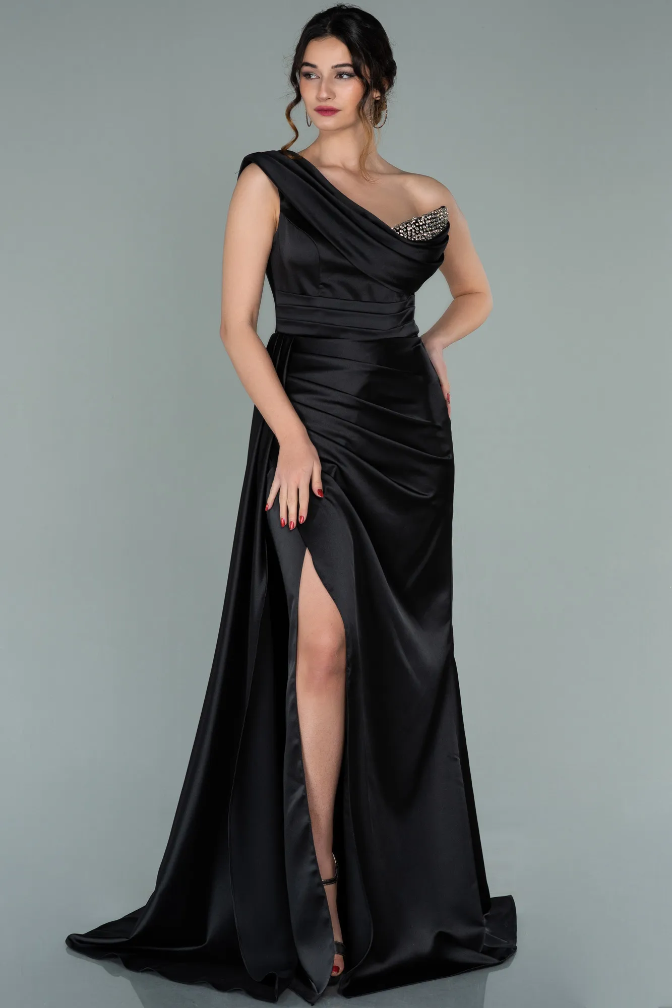 Black-Long Satin Evening Dress ABU2114