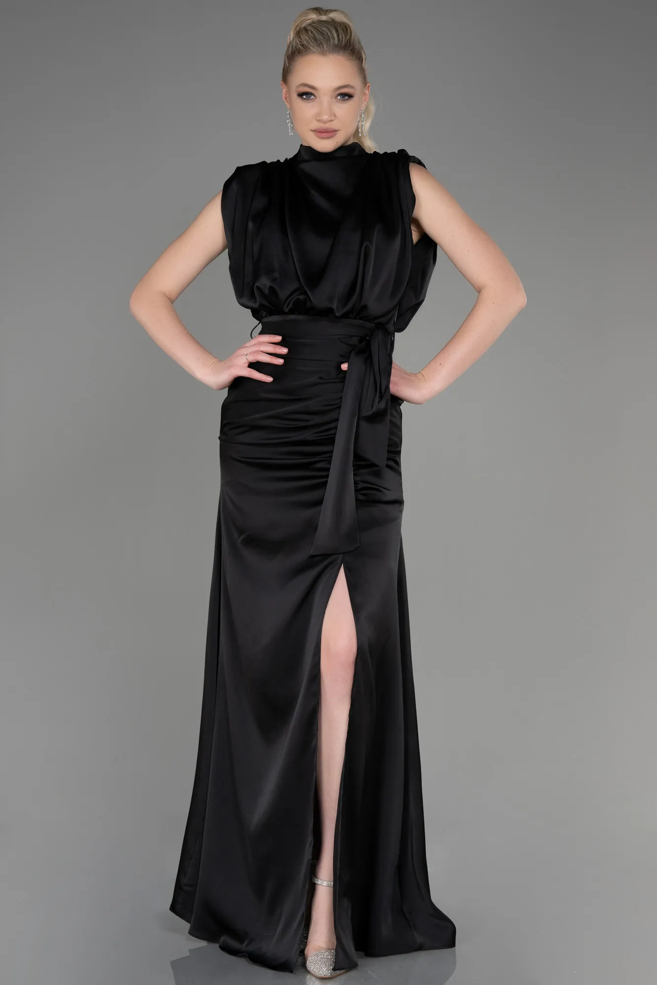 Black-Long Satin Evening Dress ABU2133