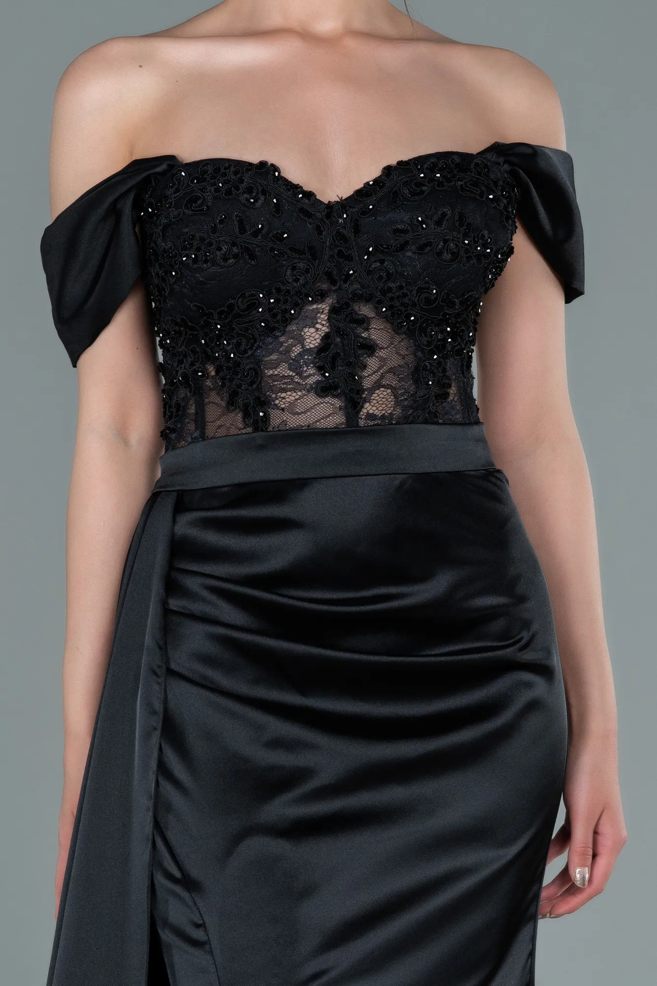 Black-Long Satin Evening Dress ABU2374