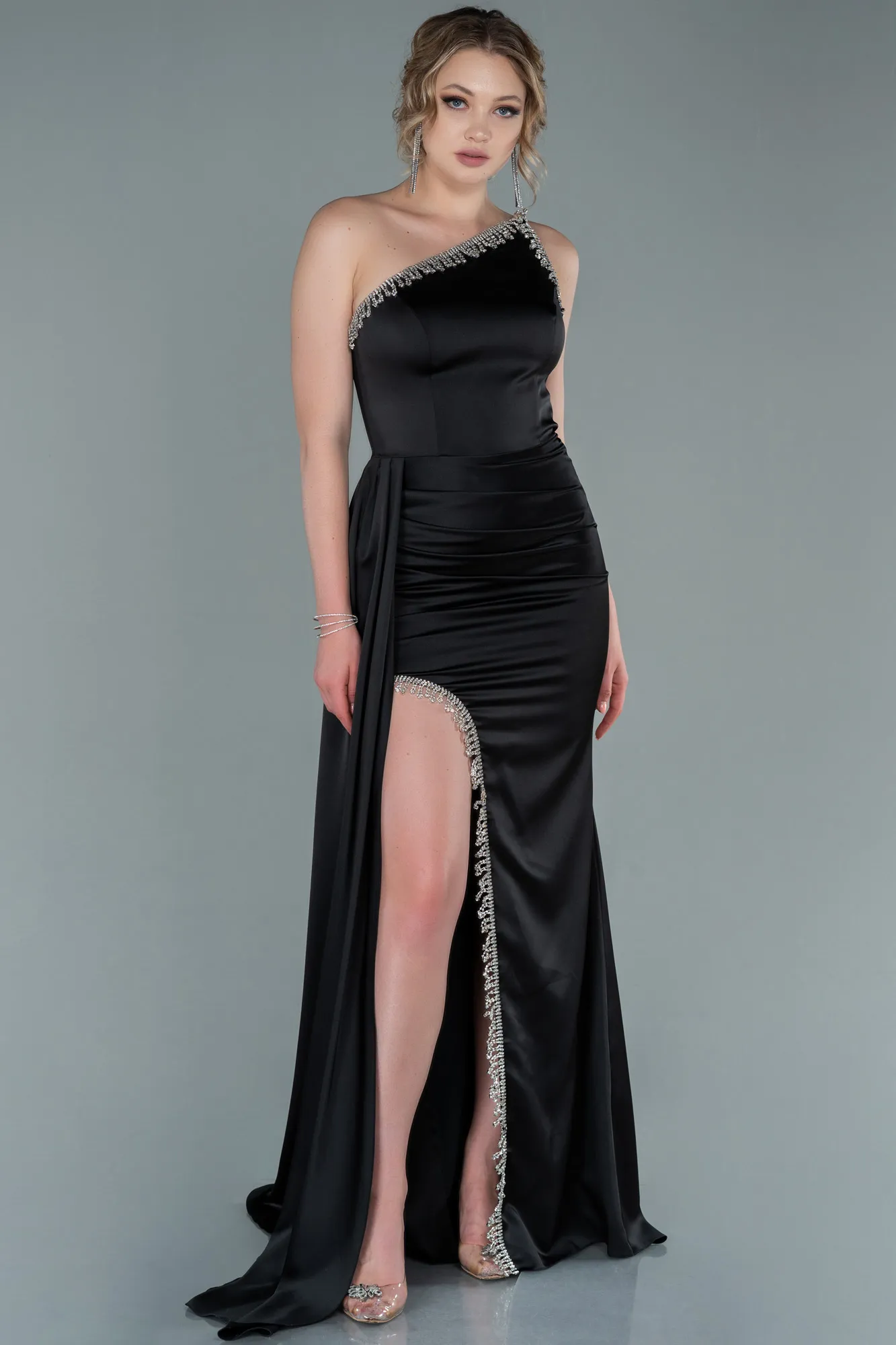 Black-Long Satin Evening Dress ABU2386