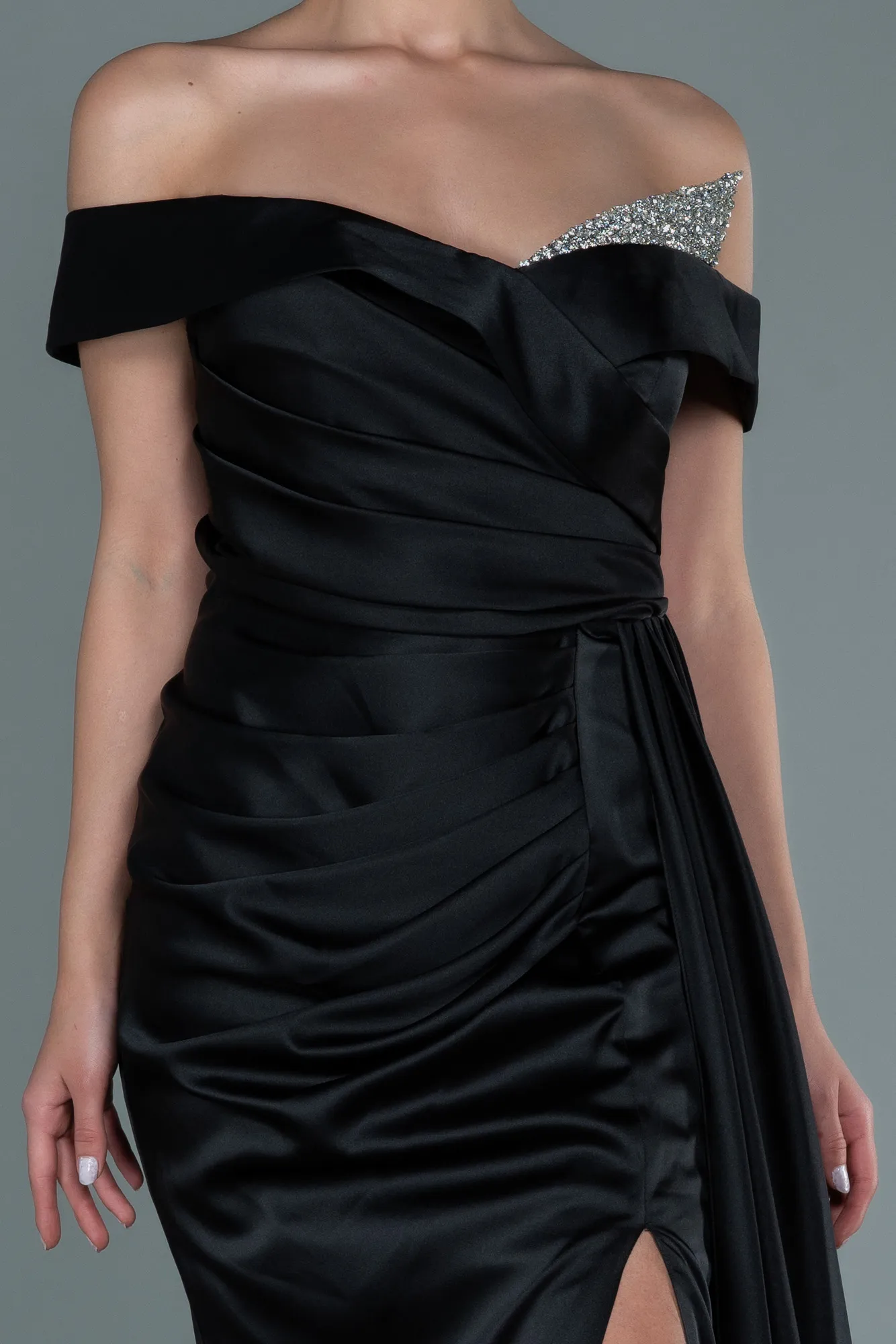 Black-Long Satin Evening Dress ABU2560