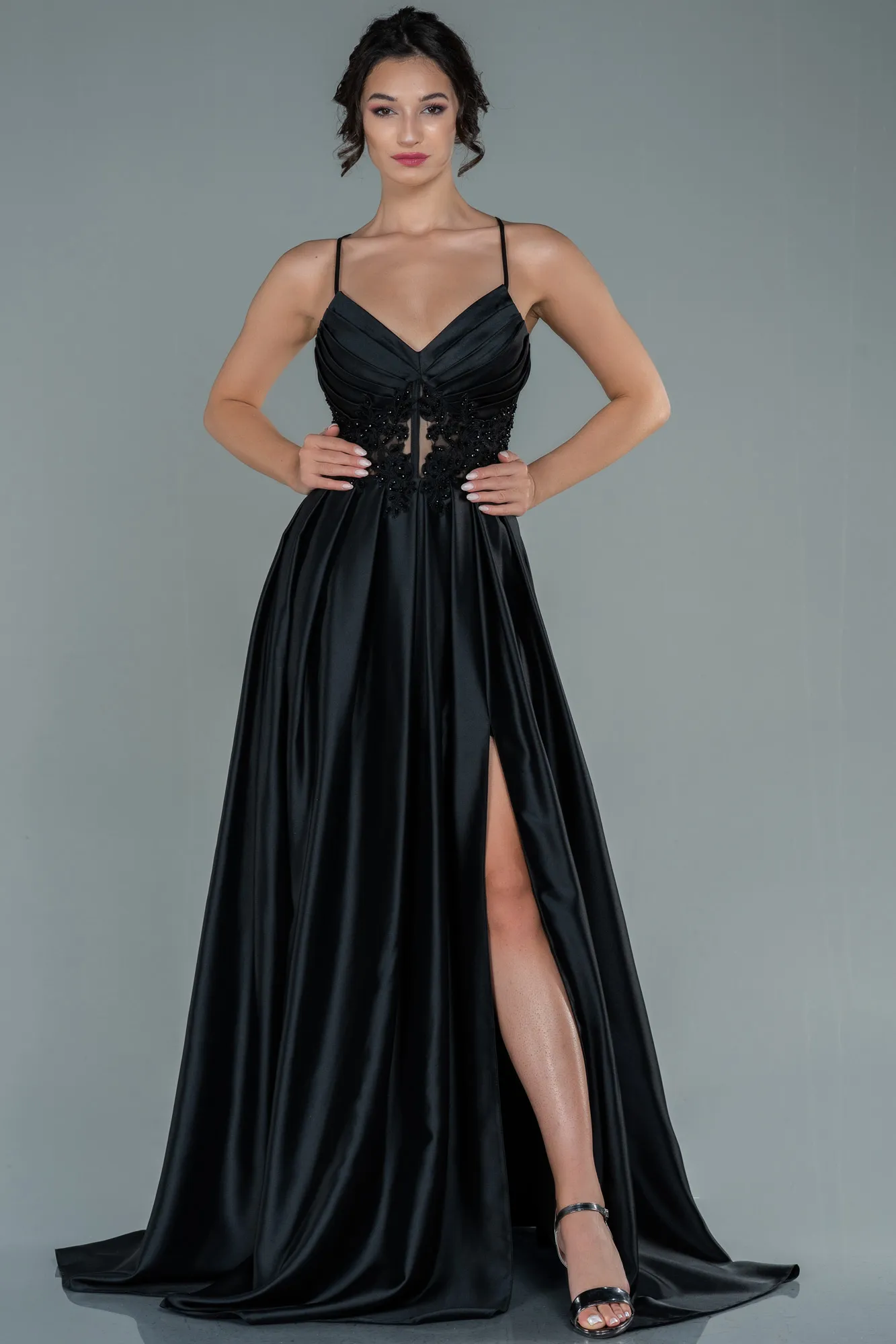 Black-Long Satin Evening Dress ABU2583