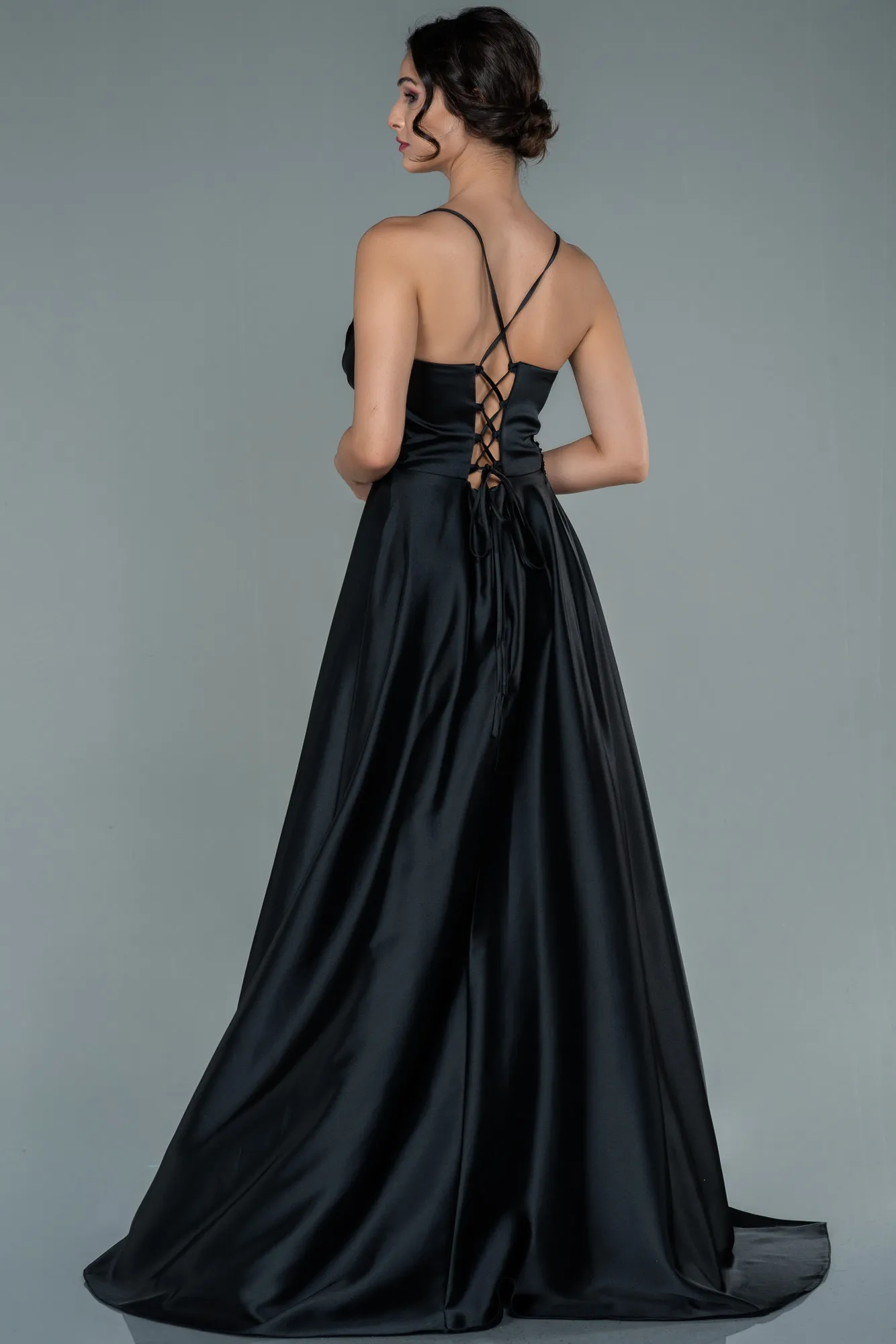 Black-Long Satin Evening Dress ABU2583