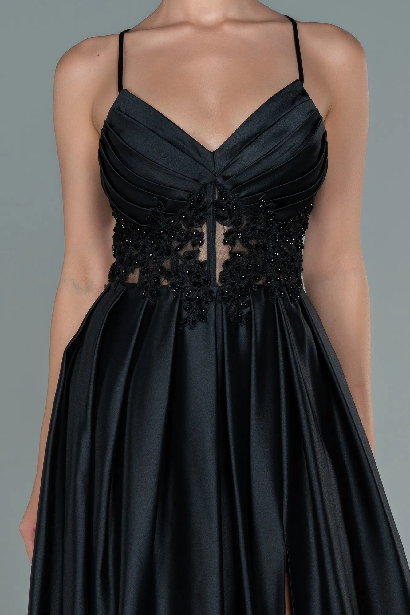 Black-Long Satin Evening Dress ABU2583