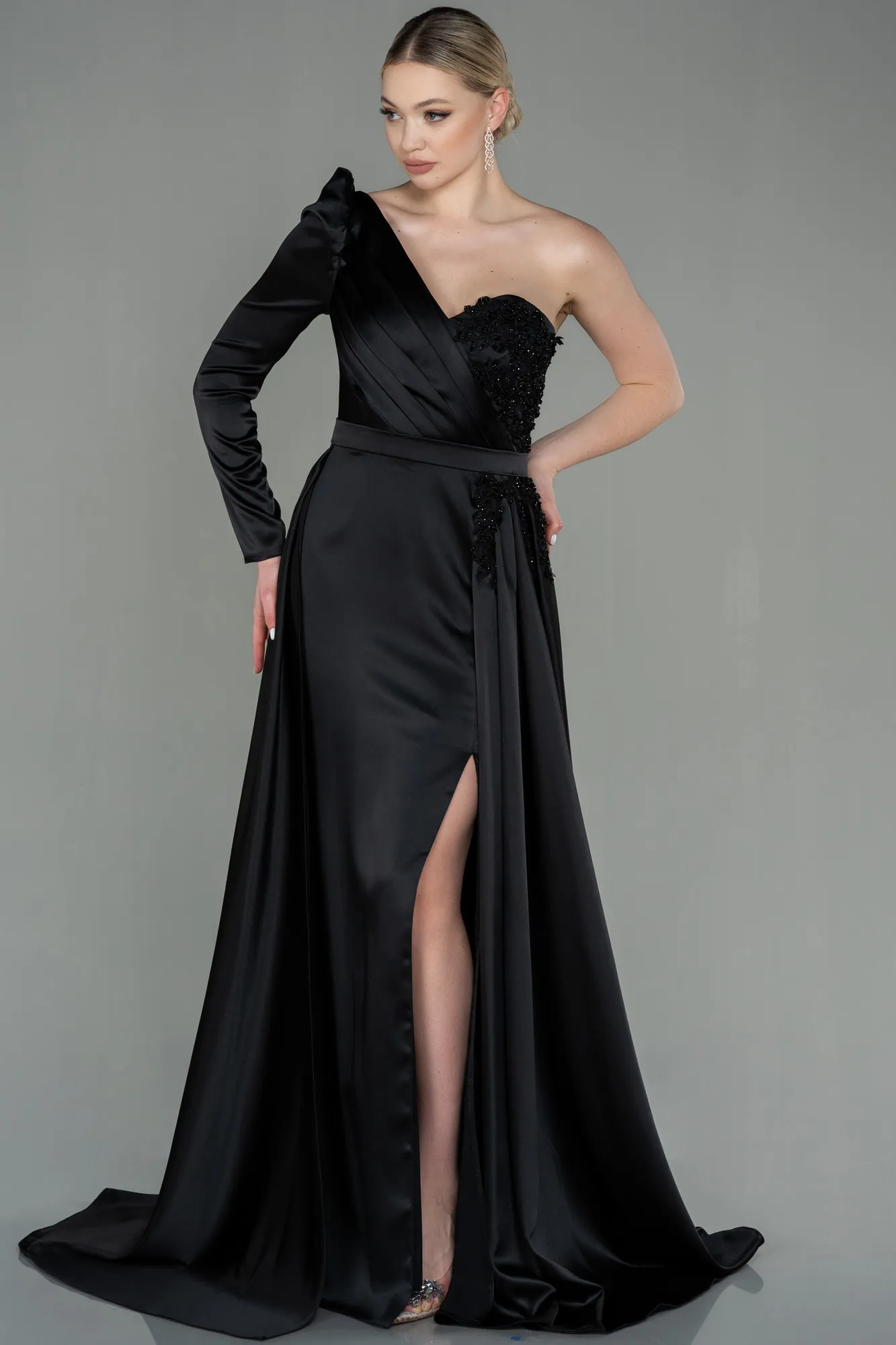 Black-Long Satin Evening Dress ABU2610