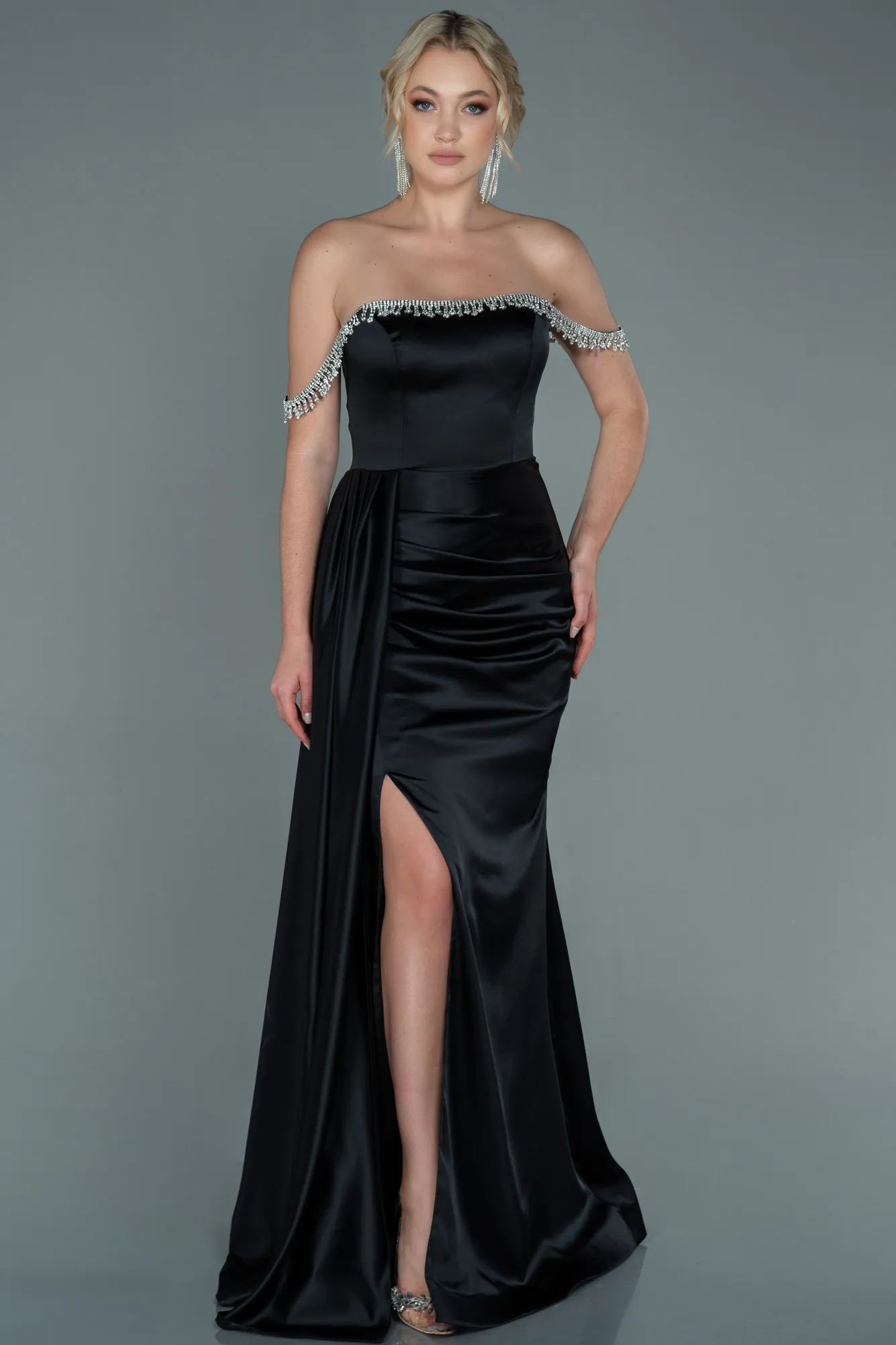Black-Long Satin Evening Dress ABU2618