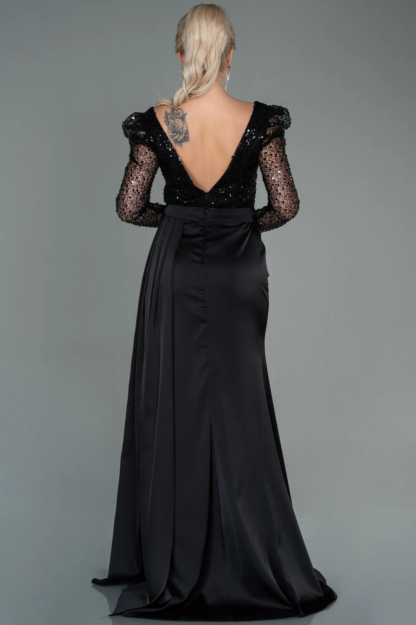 Black-Long Satin Evening Dress ABU2767