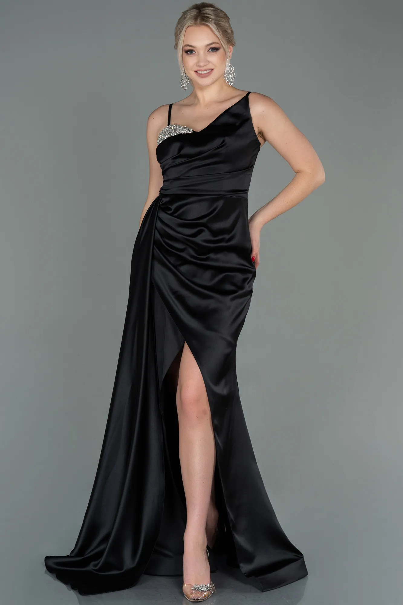 Black-Long Satin Evening Dress ABU2768