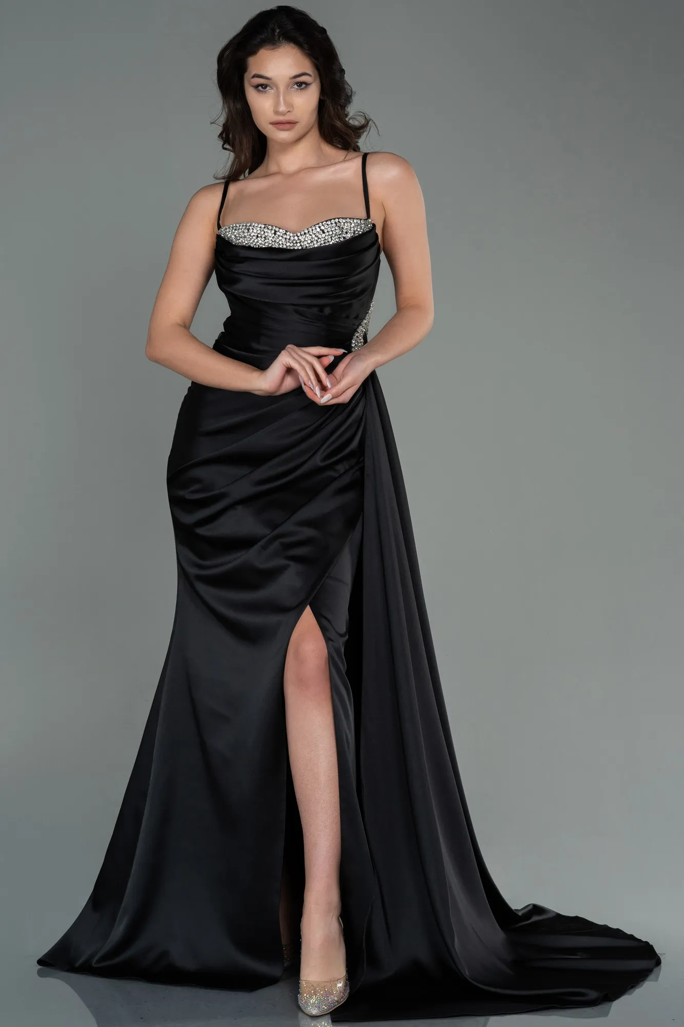 Black-Long Satin Evening Dress ABU2792