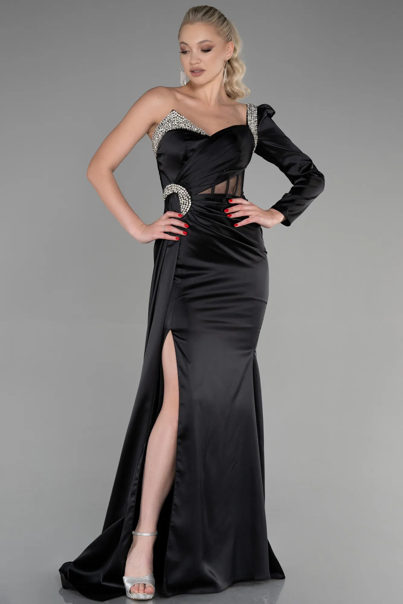 Black-Long Satin Evening Dress ABU2831