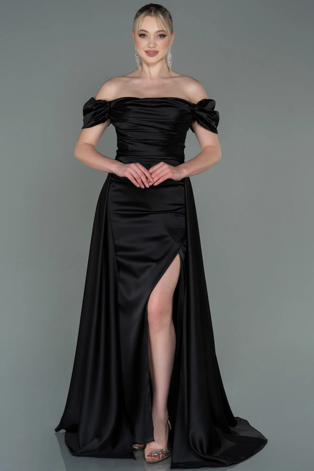Black-Long Satin Evening Dress ABU2903