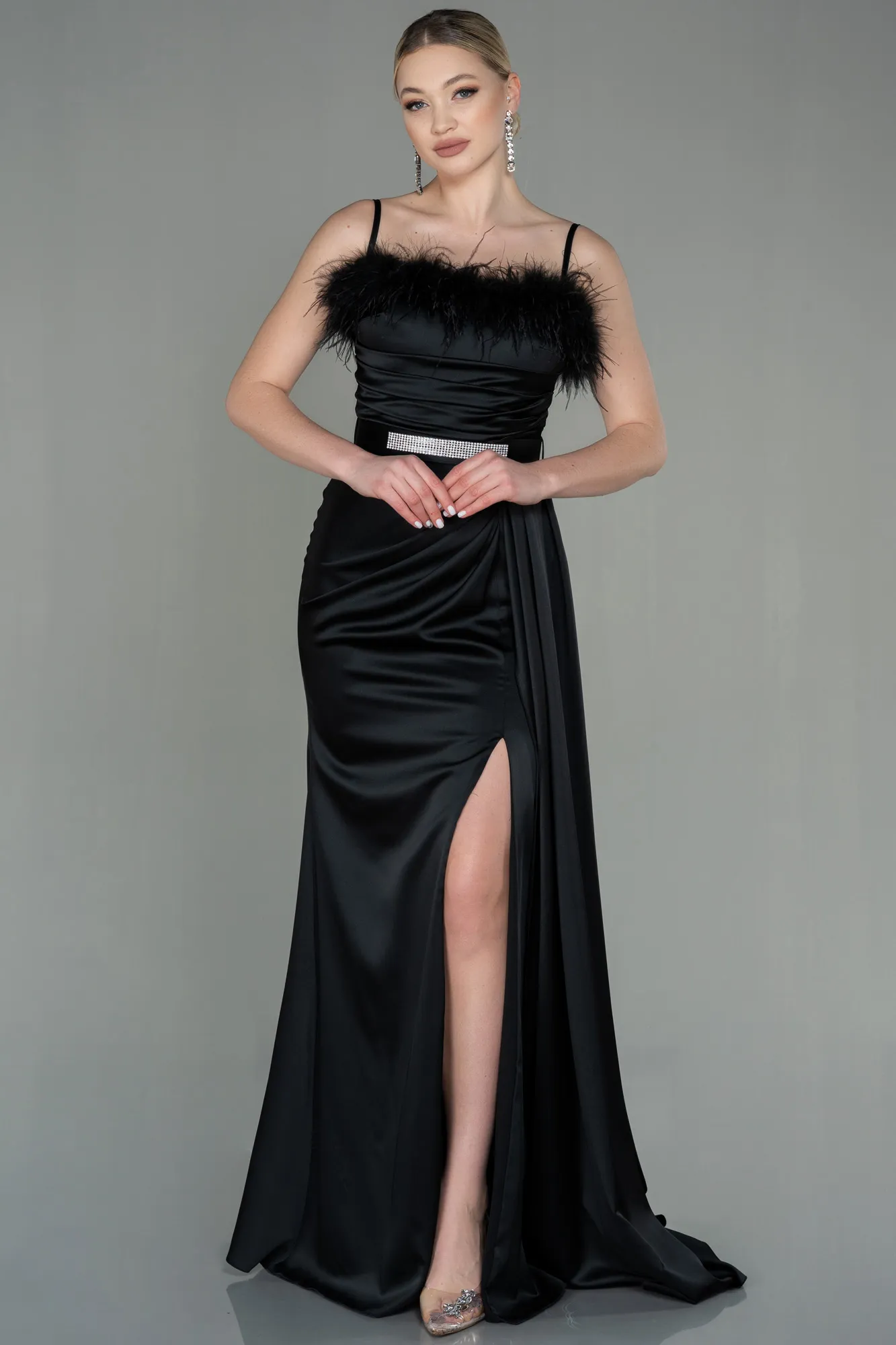 Black-Long Satin Evening Dress ABU2939