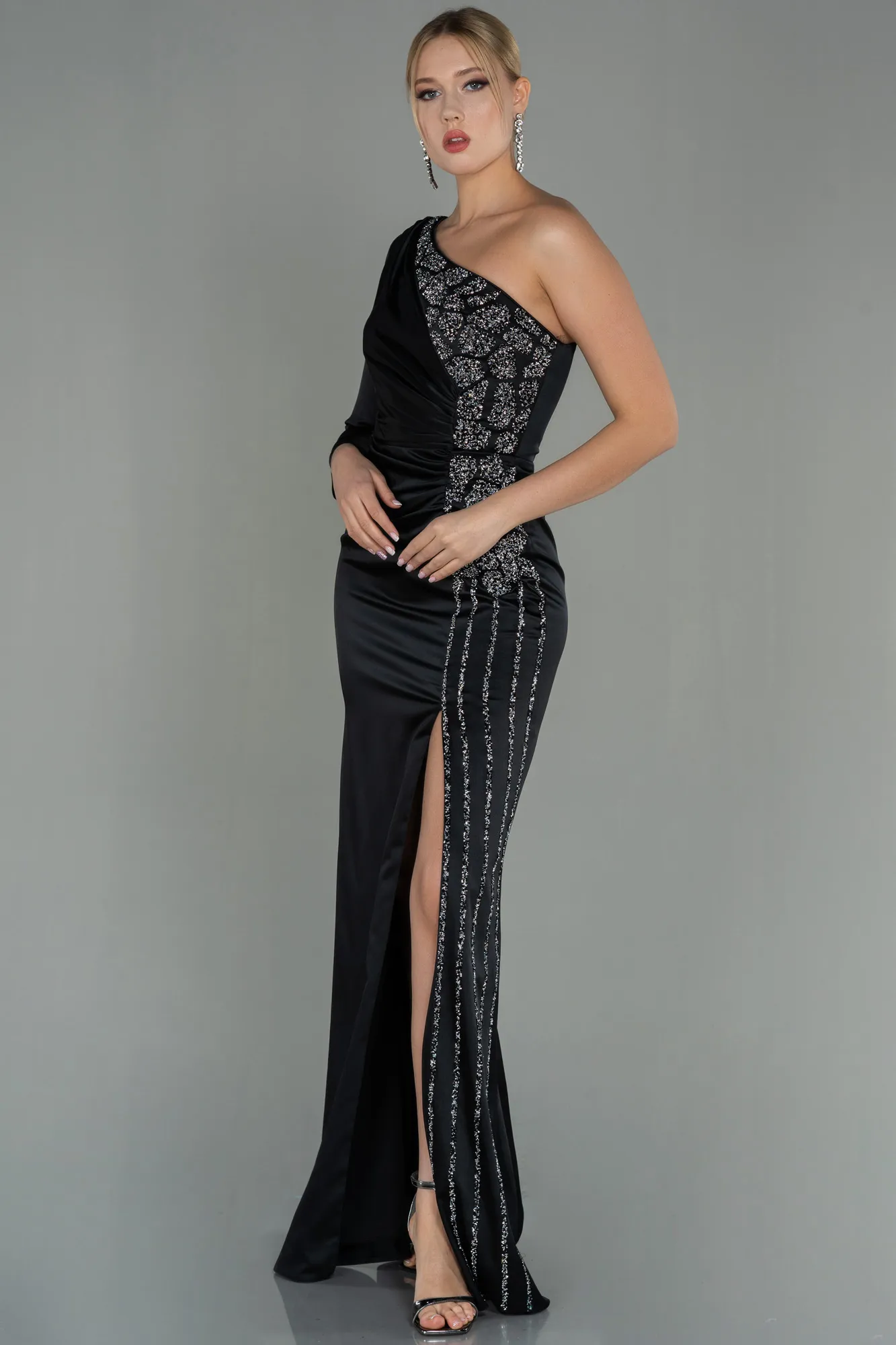 Black-Long Satin Evening Dress ABU3061
