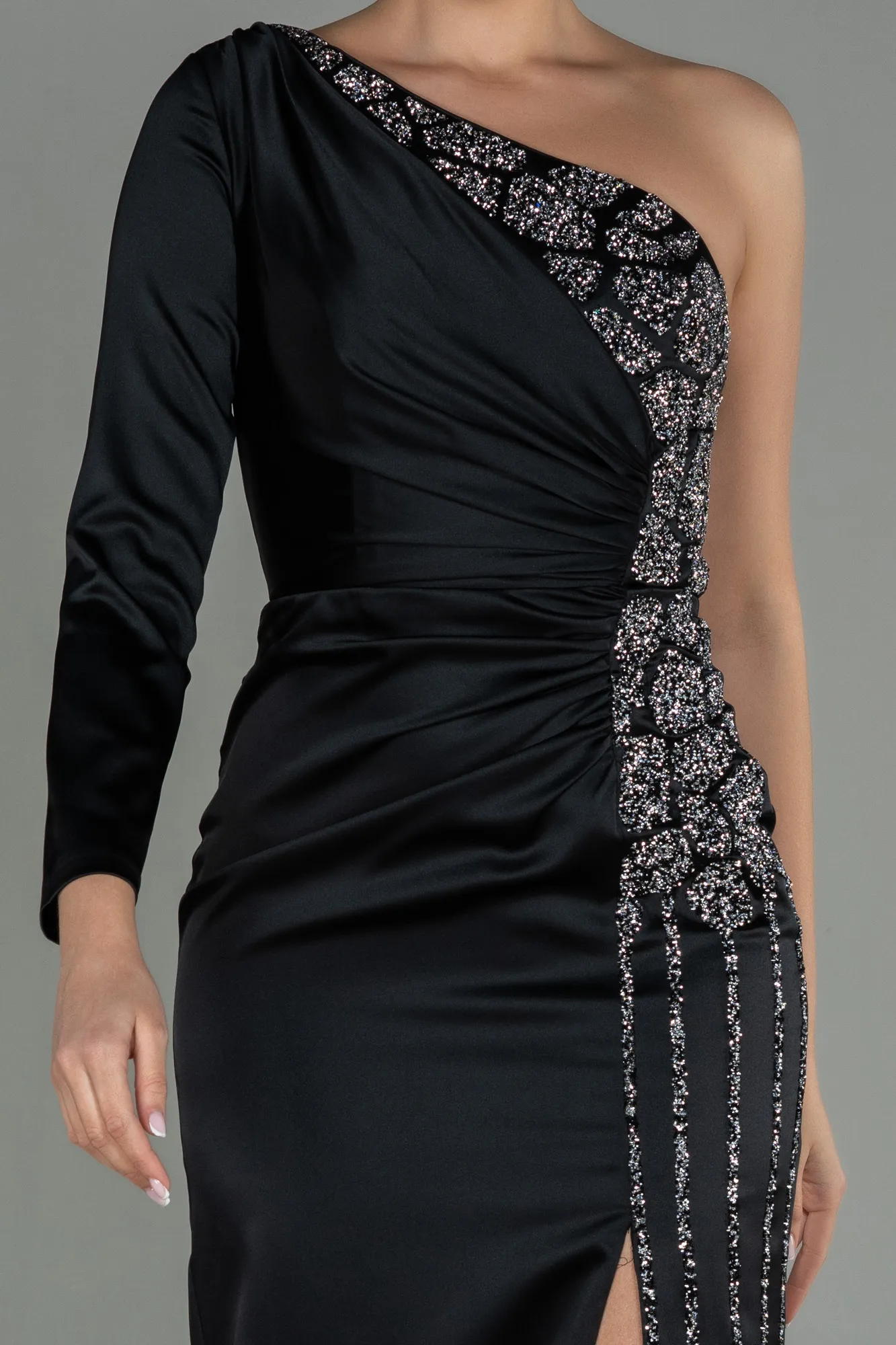 Black-Long Satin Evening Dress ABU3061