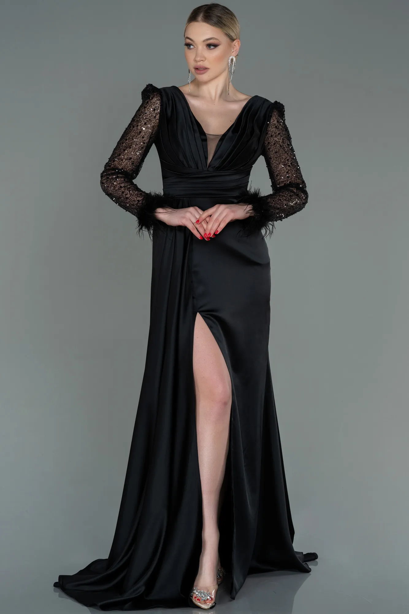 Black-Long Satin Evening Dress ABU3080