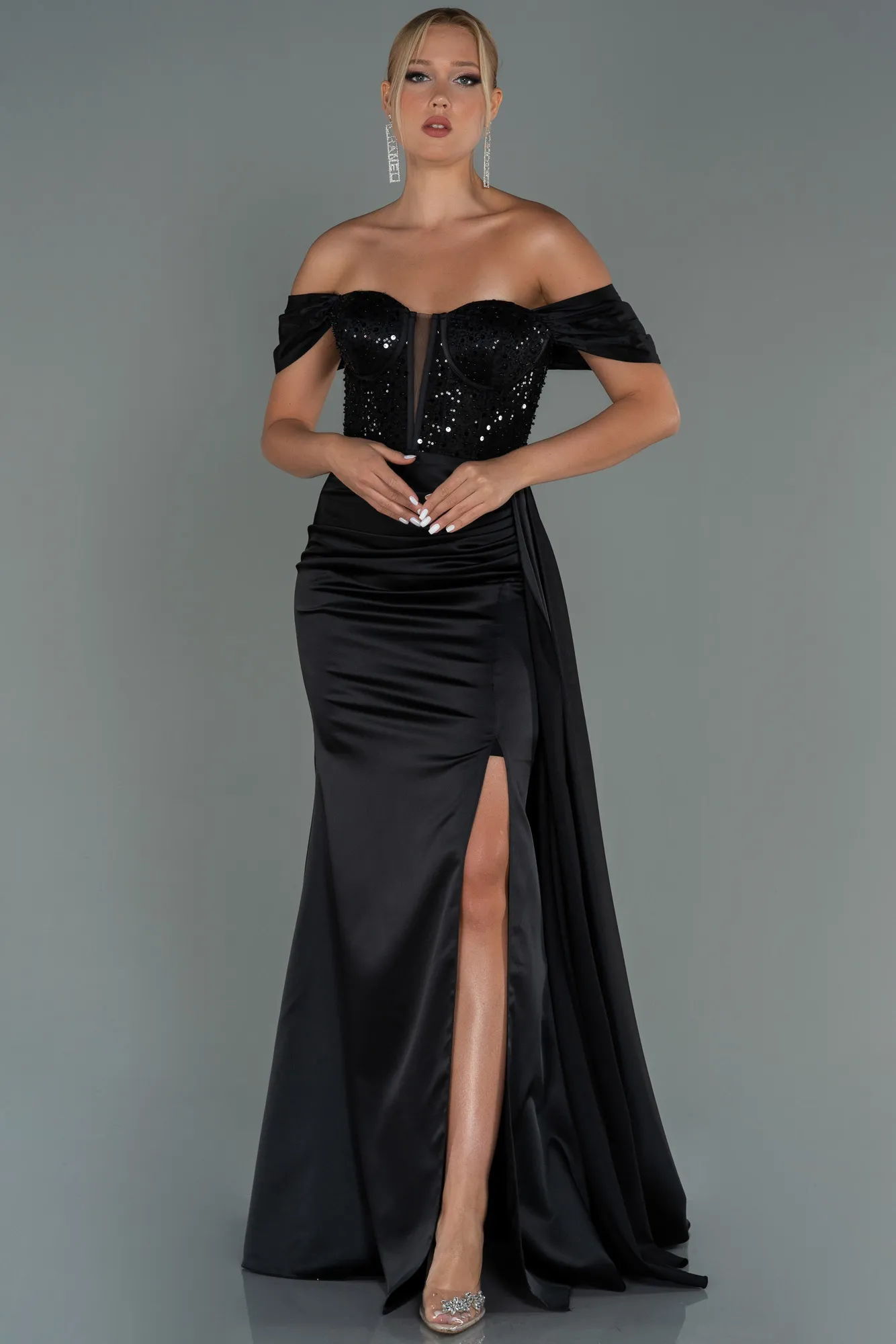 Black-Long Satin Evening Dress ABU3100
