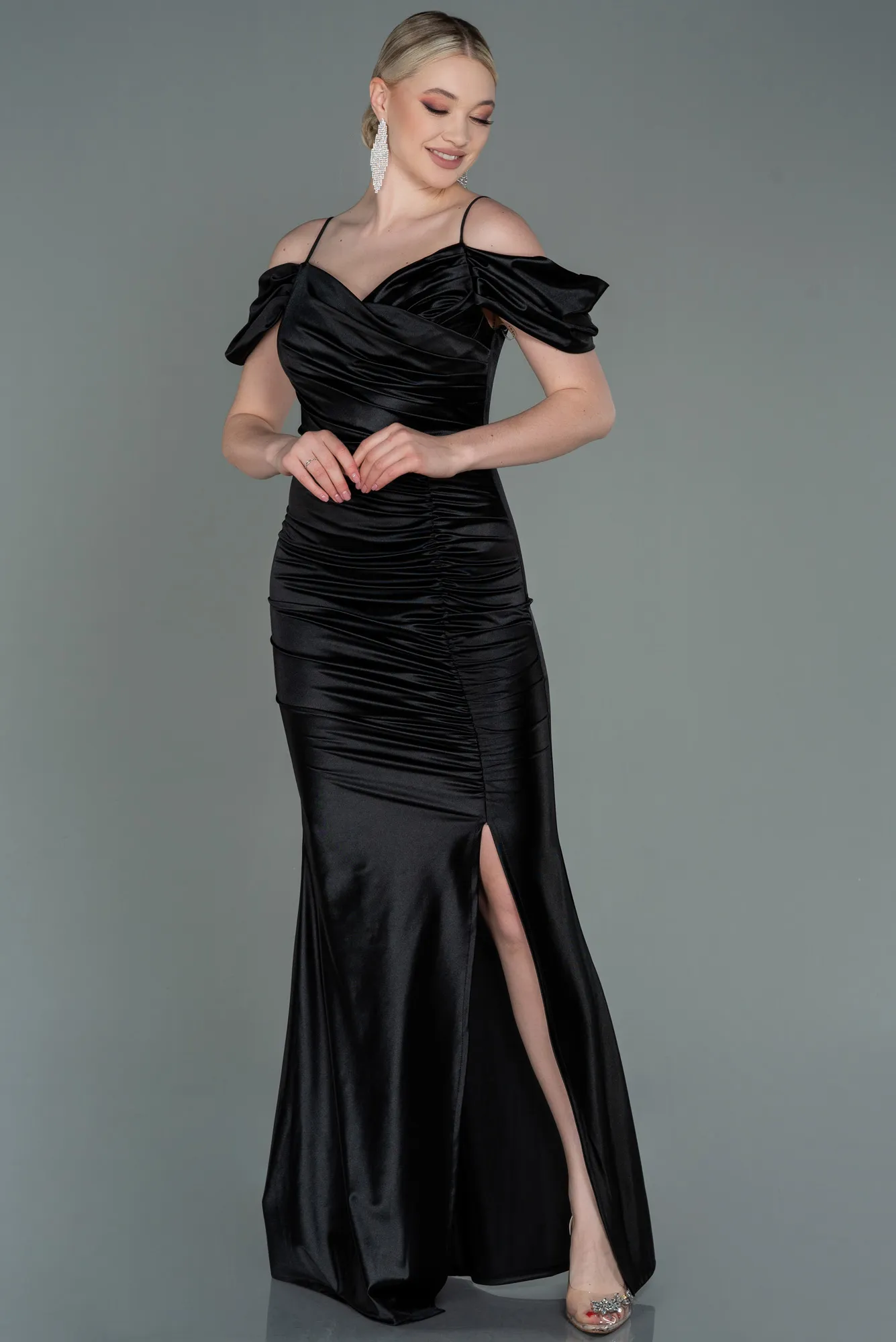 Black-Long Satin Evening Dress ABU3139