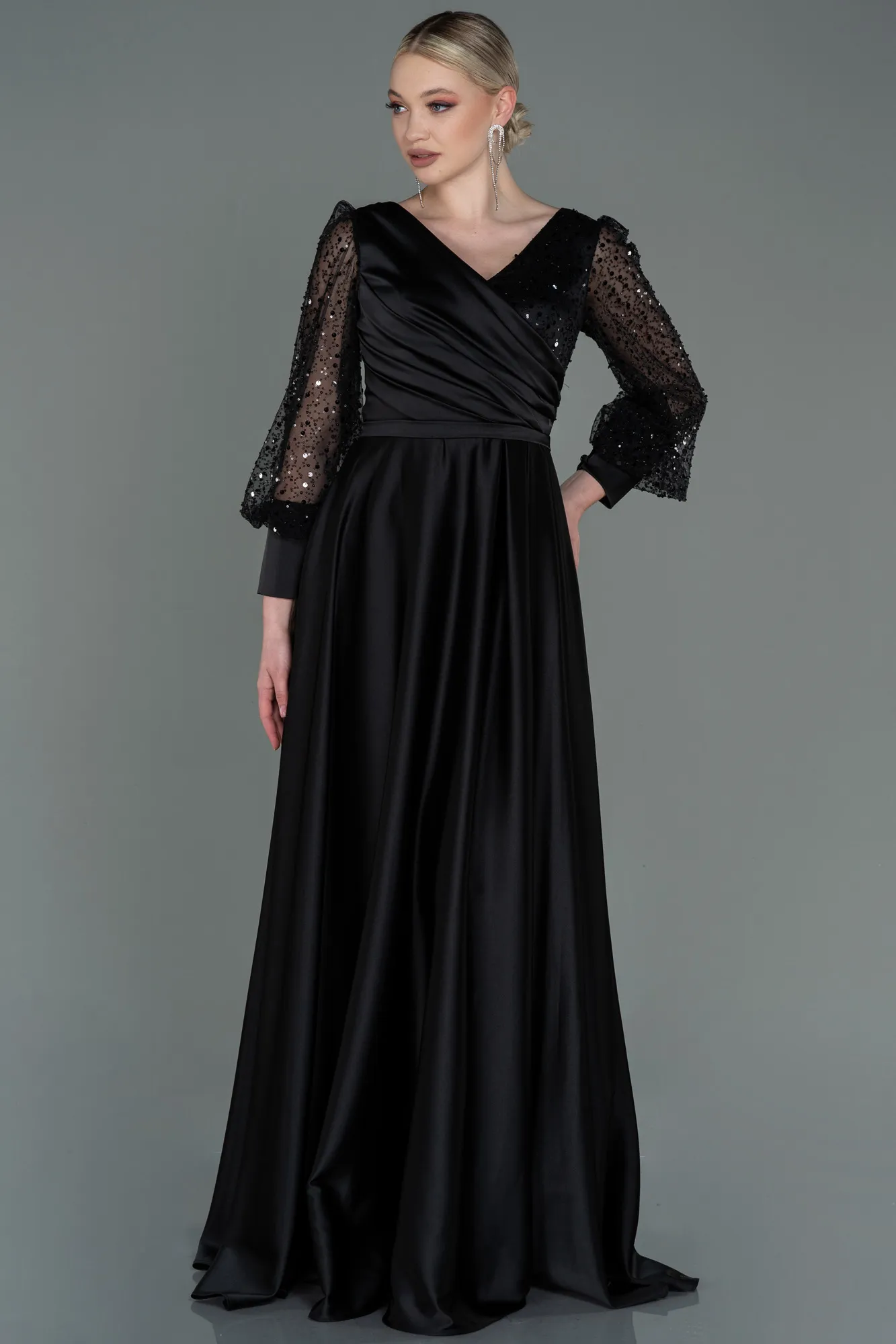 Black-Long Satin Evening Dress ABU3143