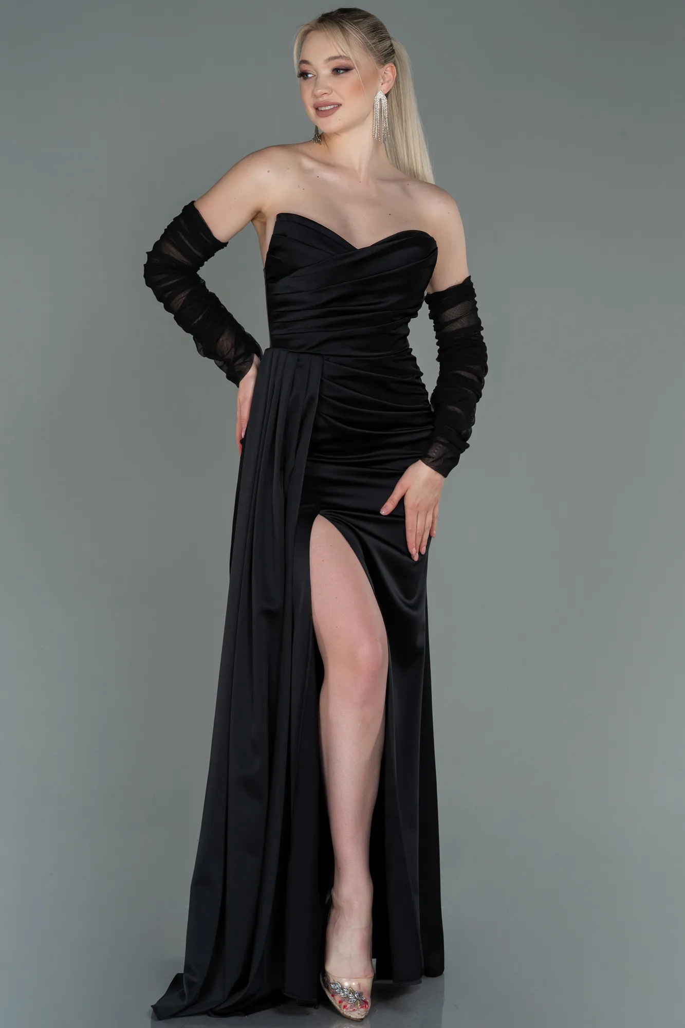 Black-Long Satin Evening Dress ABU3175