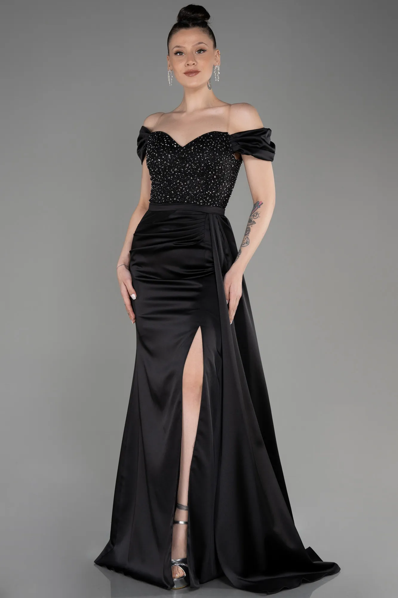 Black-Long Satin Evening Dress ABU3187