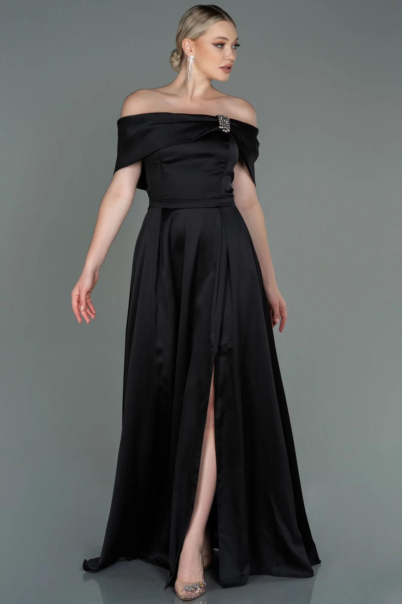 Black-Long Satin Evening Dress ABU3197