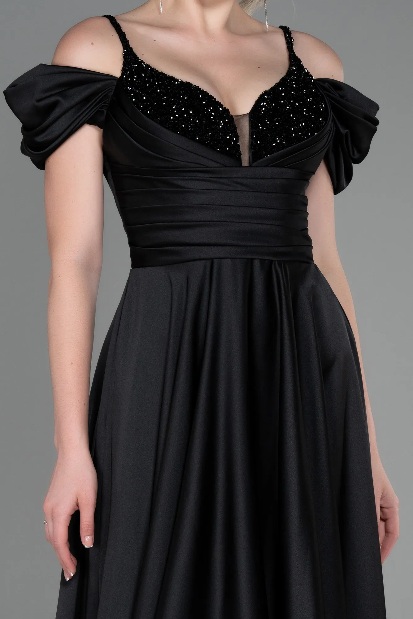 Black-Long Satin Evening Dress ABU3226