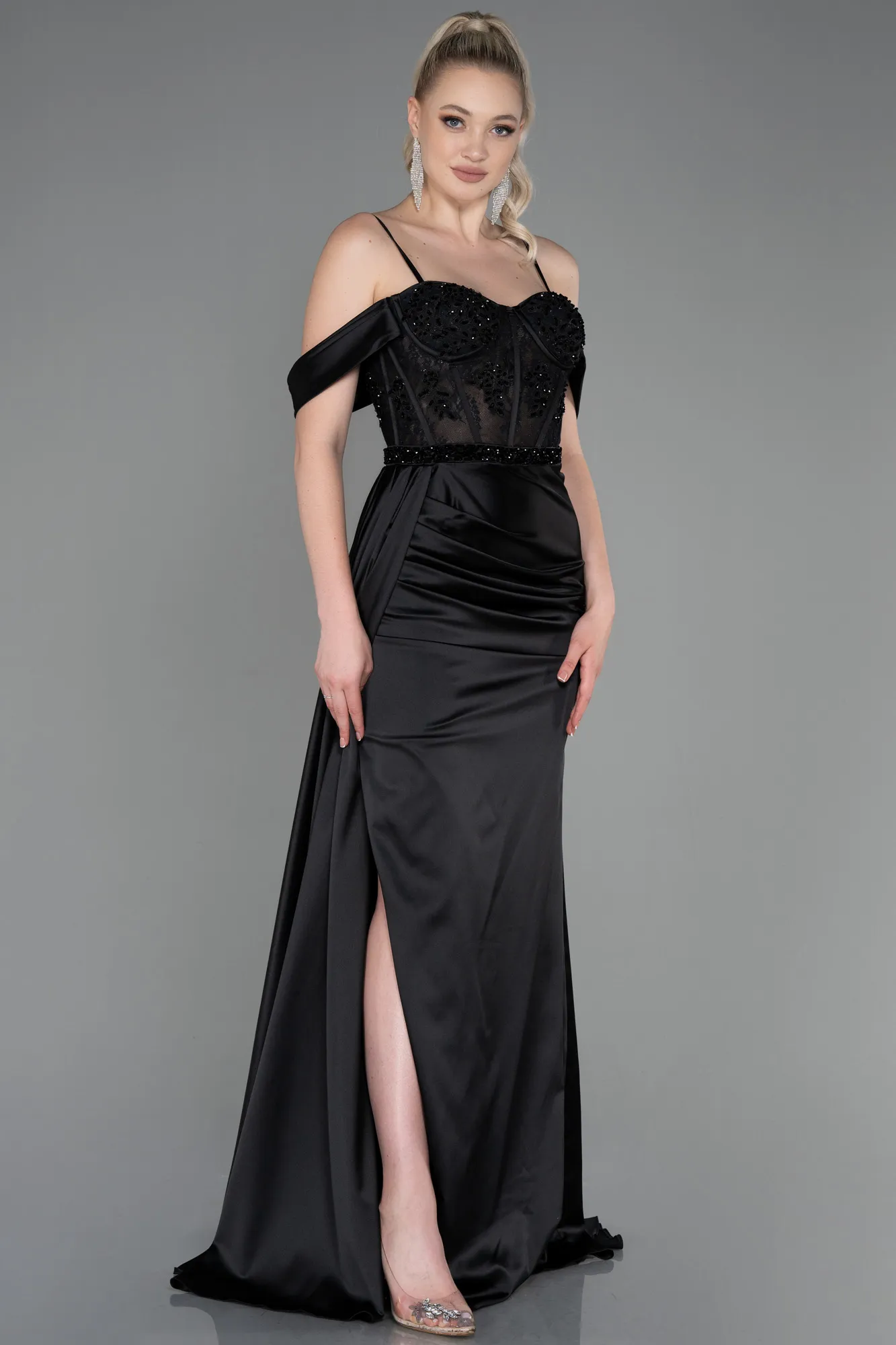 Black-Long Satin Evening Dress ABU3227