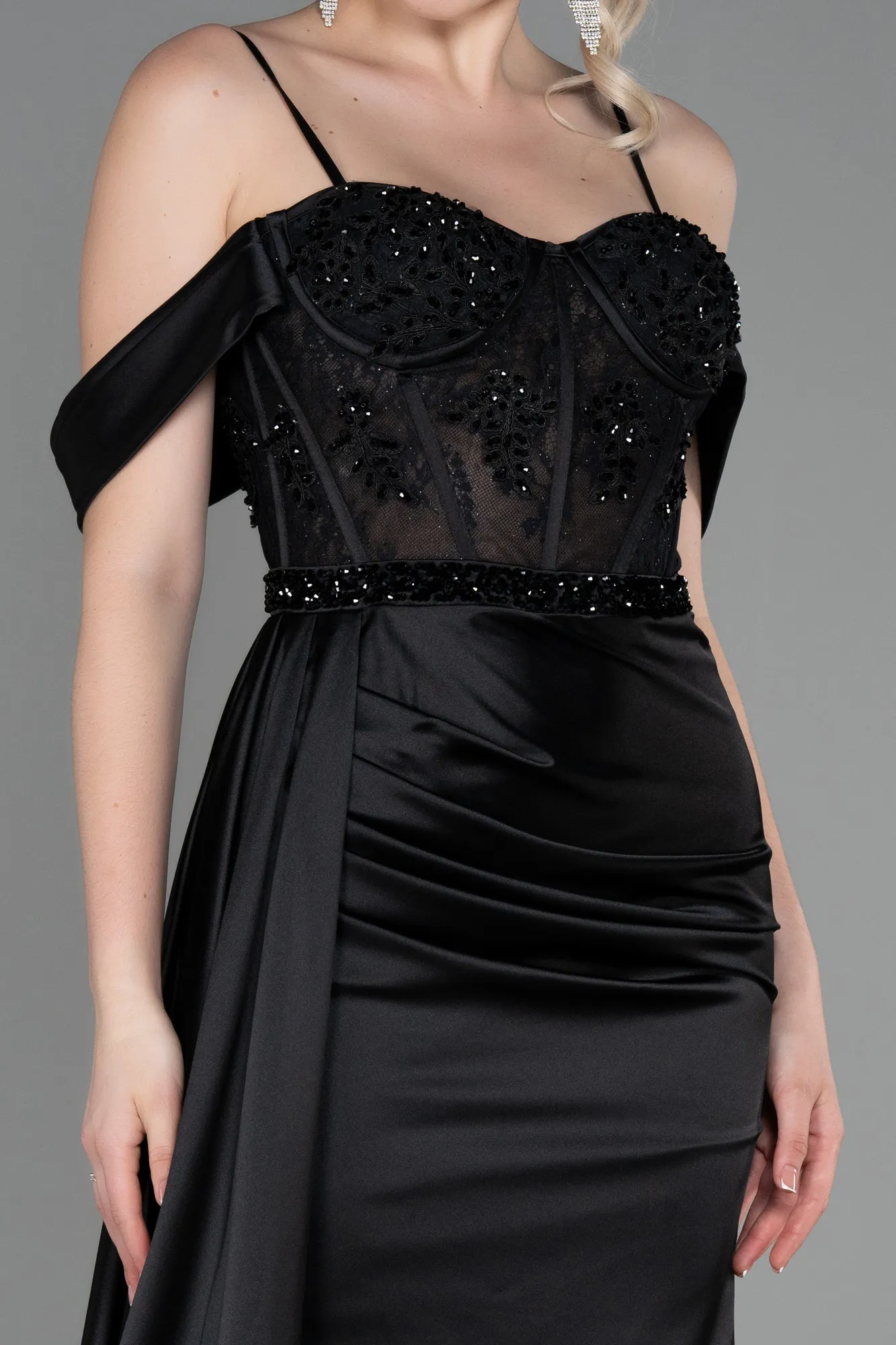 Black-Long Satin Evening Dress ABU3227