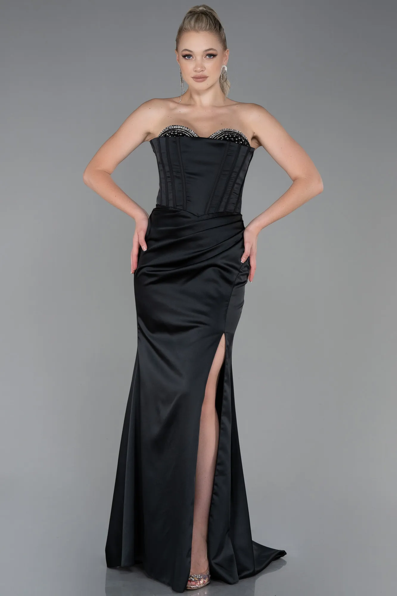 Black-Long Satin Evening Dress ABU3248