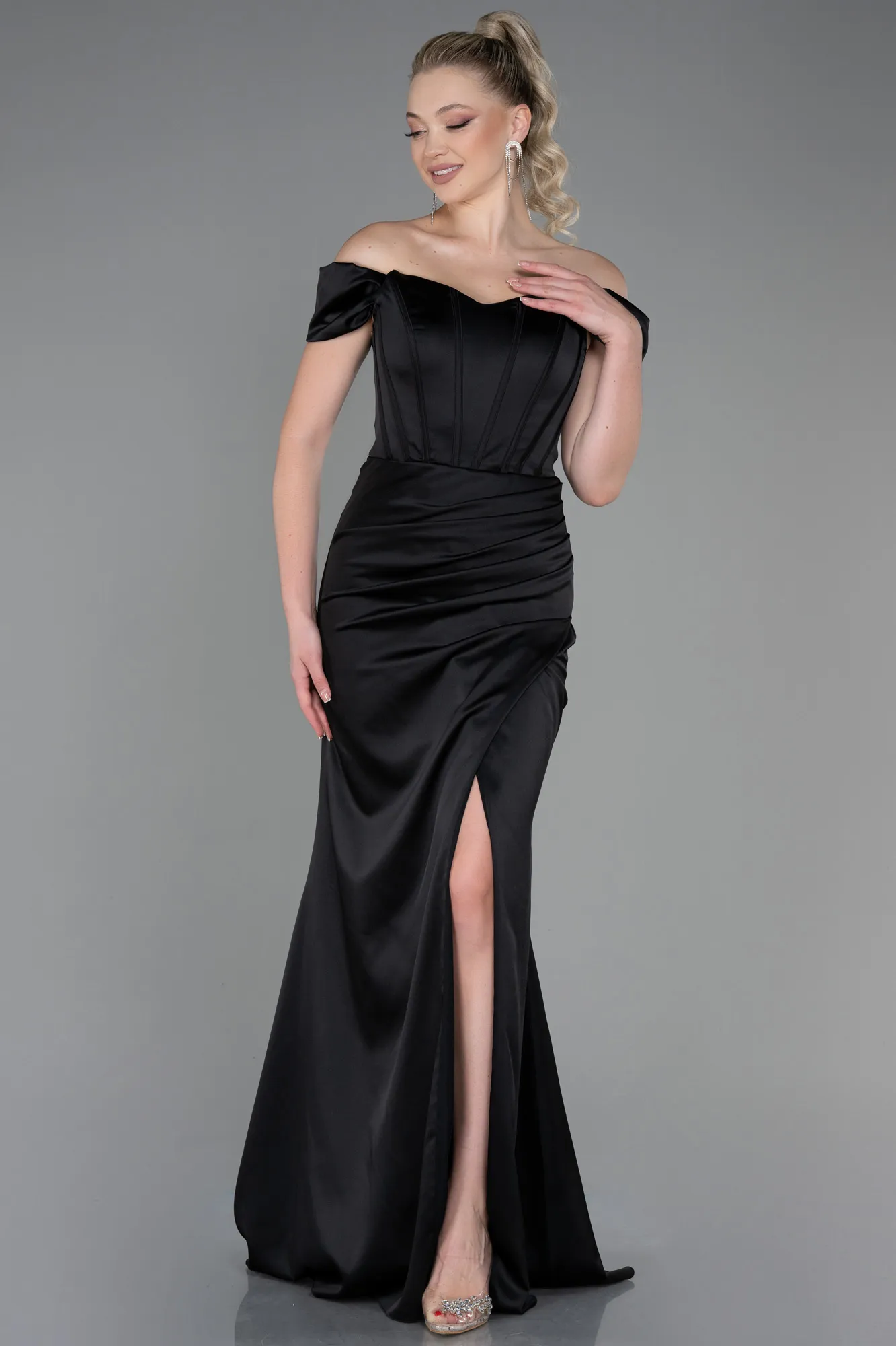 Black-Long Satin Evening Dress ABU3269