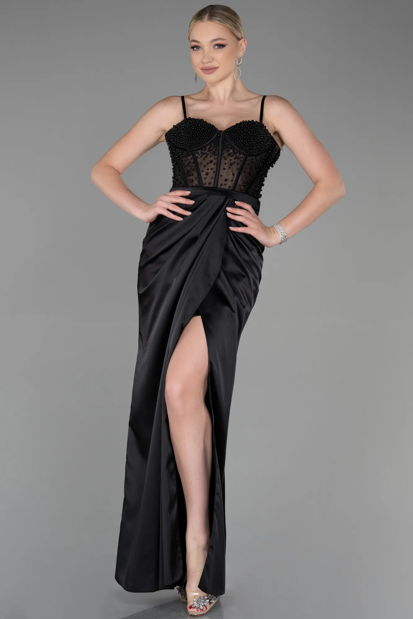 Black-Long Satin Evening Dress ABU3312