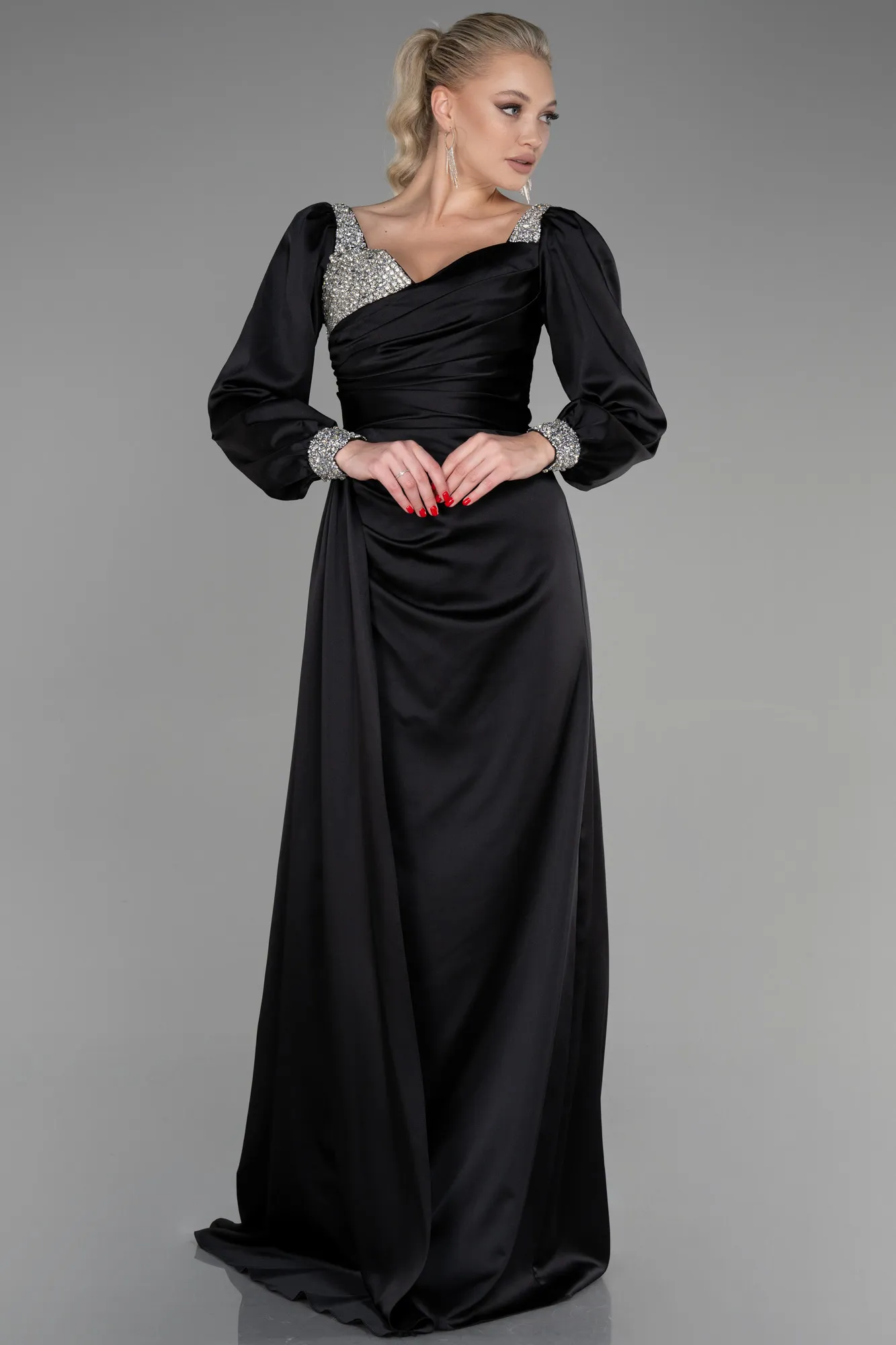 Black-Long Satin Evening Dress ABU3318