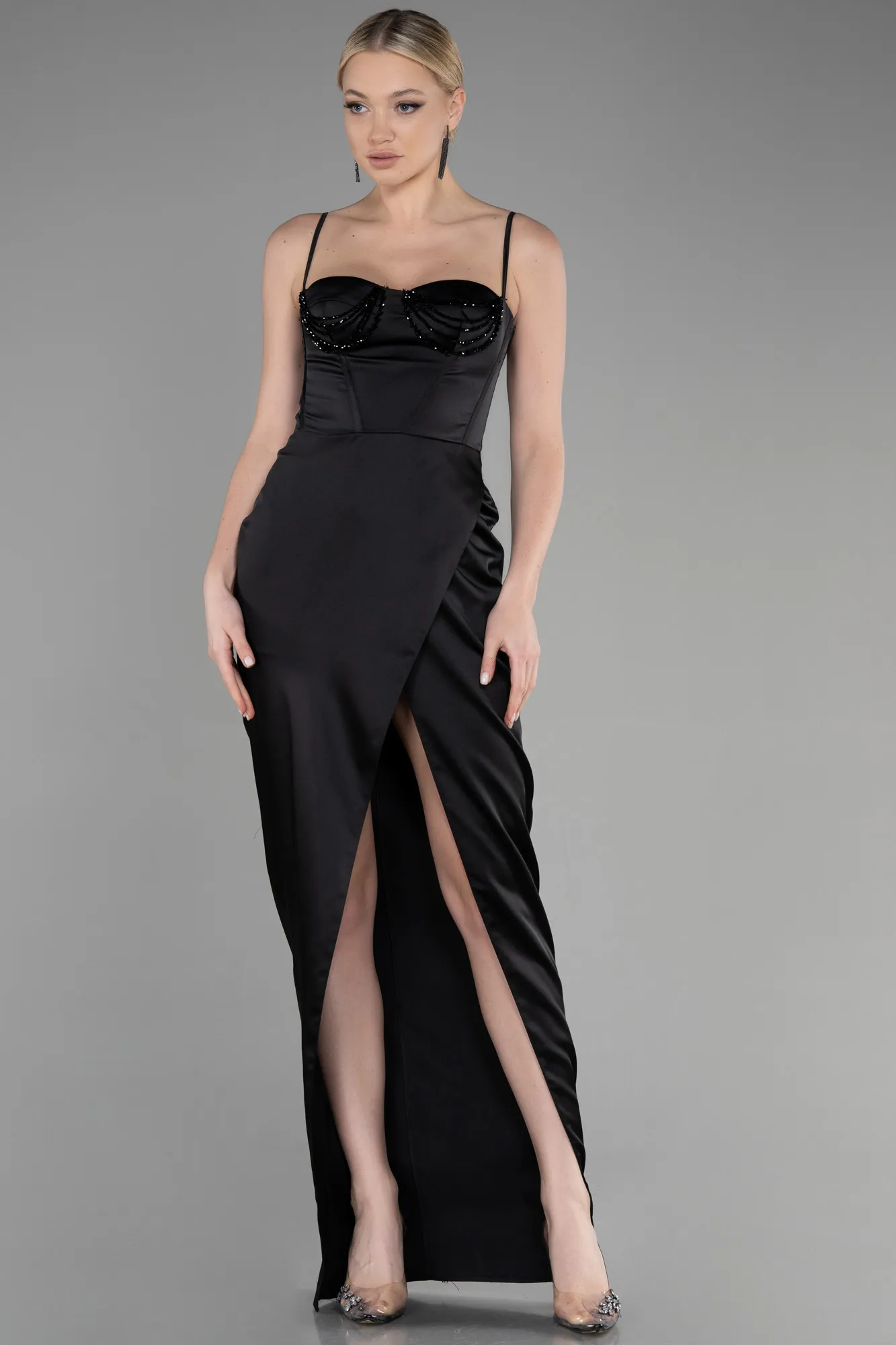 Black-Long Satin Evening Dress ABU3390