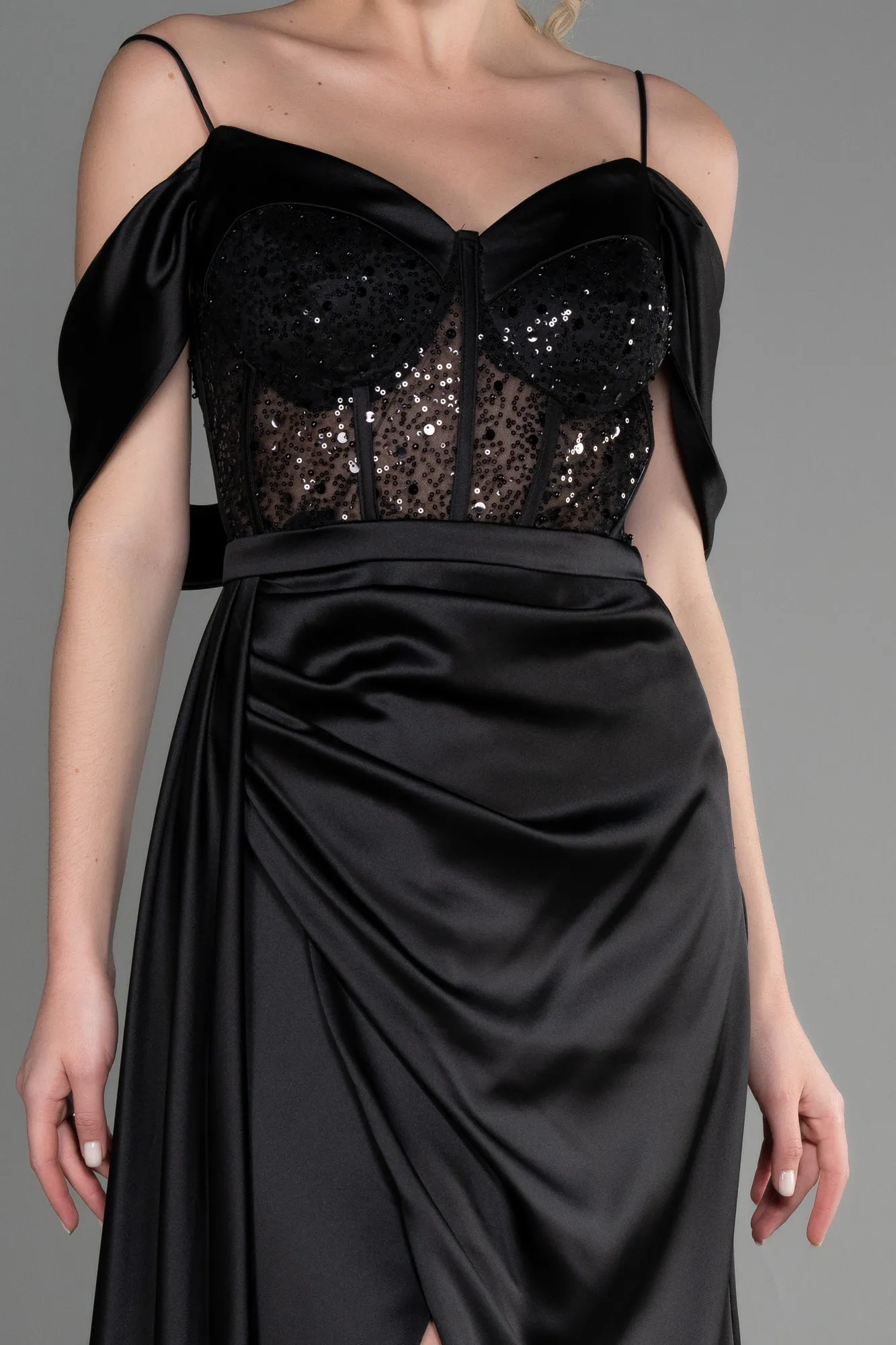 Black-Long Satin Evening Dress ABU3391