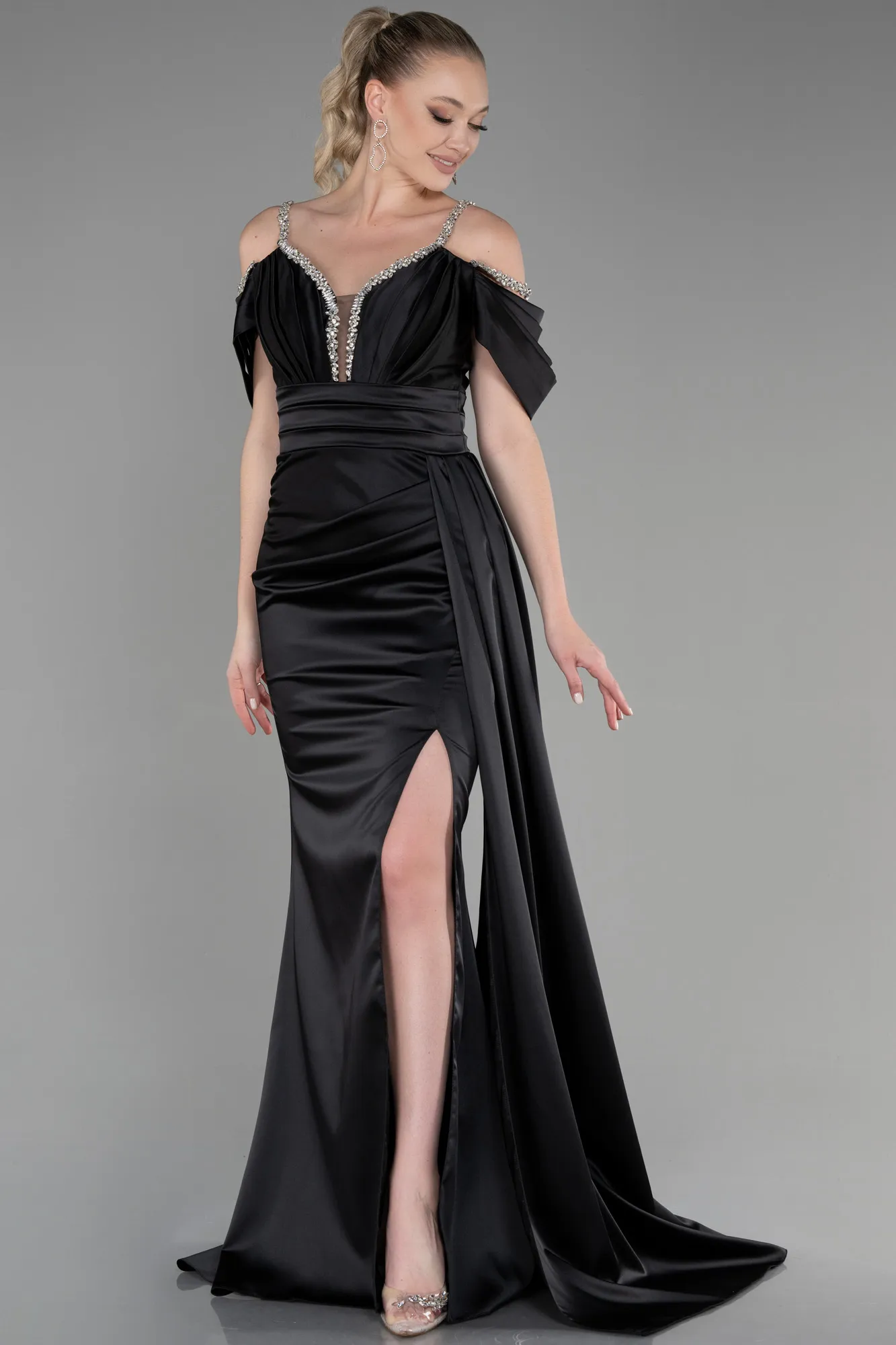 Black-Long Satin Evening Dress ABU3398