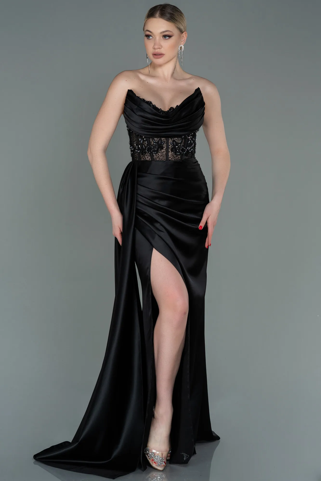 Black-Long Satin Evening Dress ABU3447