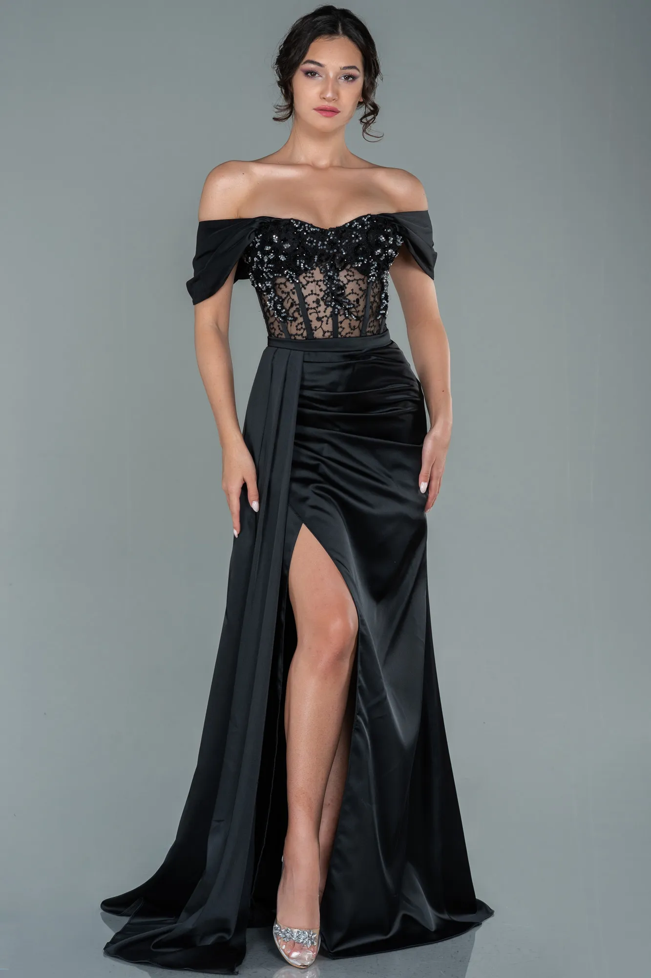 Black-Long Satin Evening Dress ABU3448
