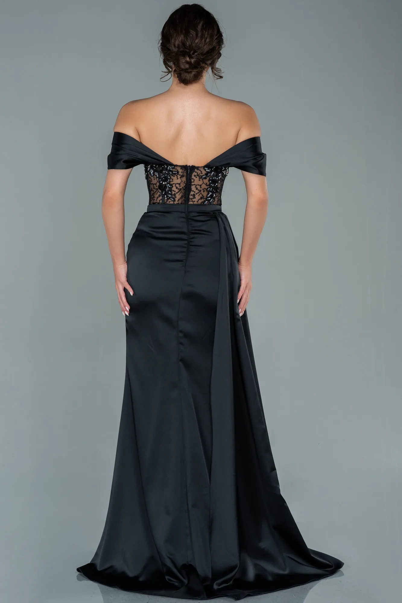 Black-Long Satin Evening Dress ABU3448