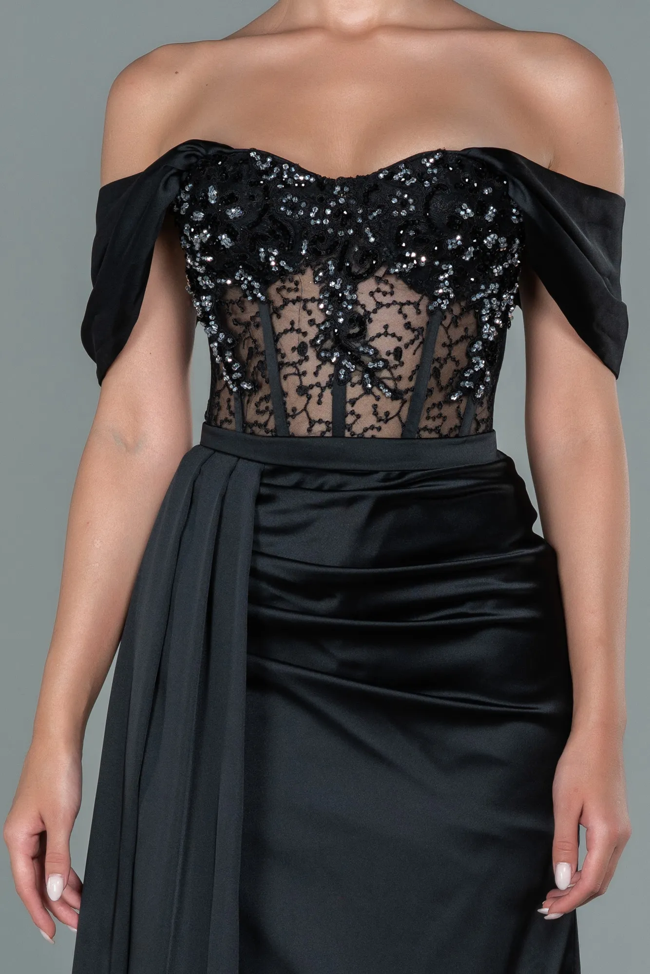 Black-Long Satin Evening Dress ABU3448