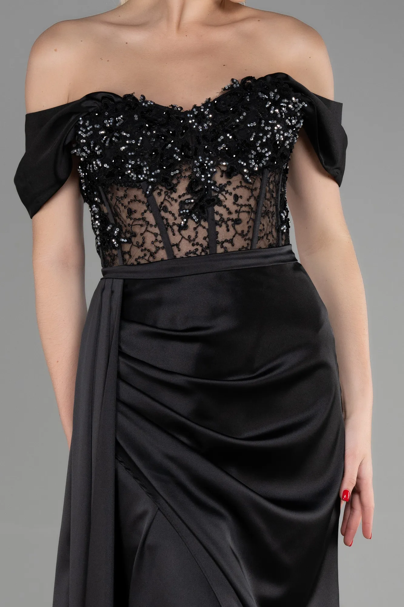 Black-Long Satin Evening Dress ABU3454