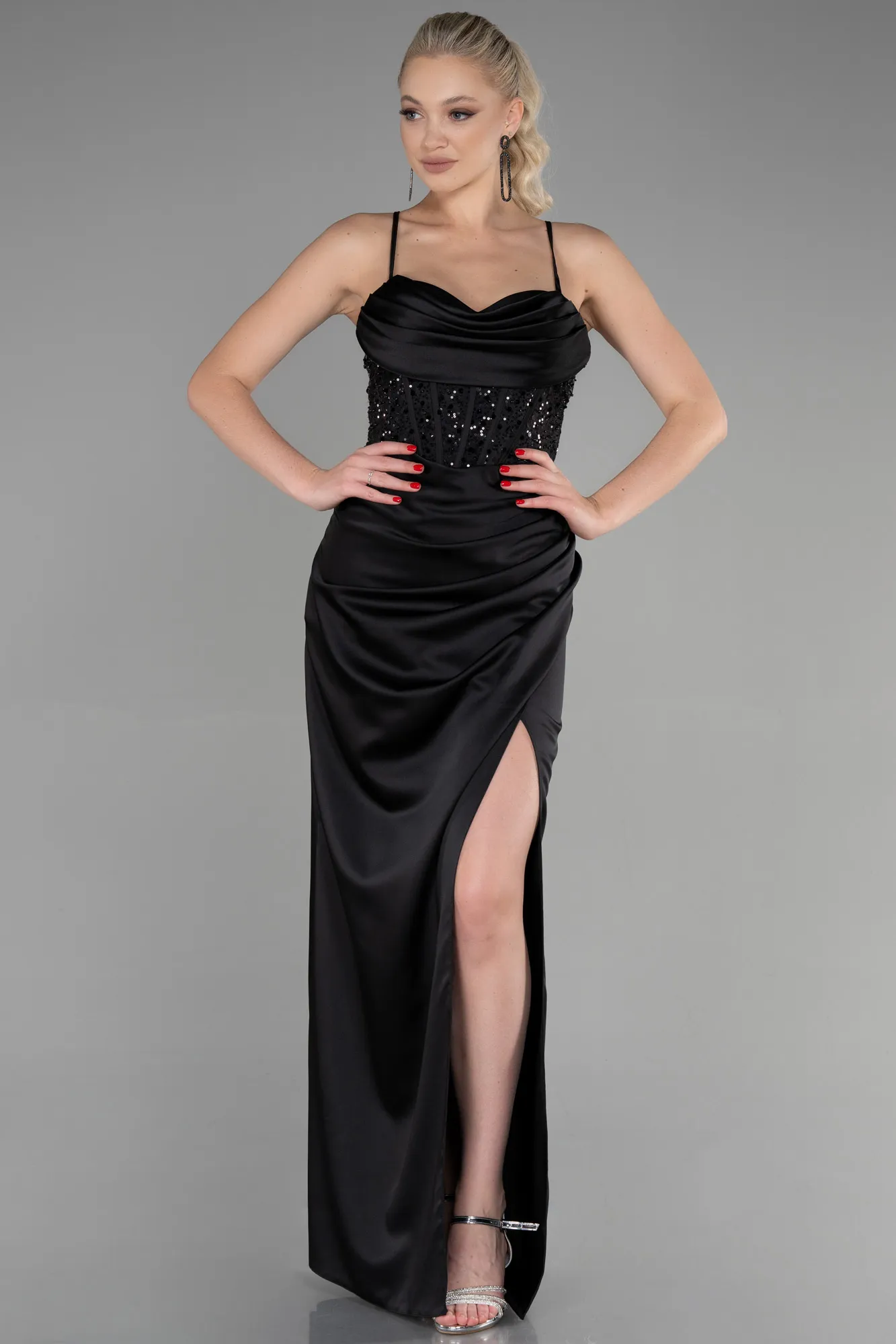 Black-Long Satin Evening Dress ABU3459