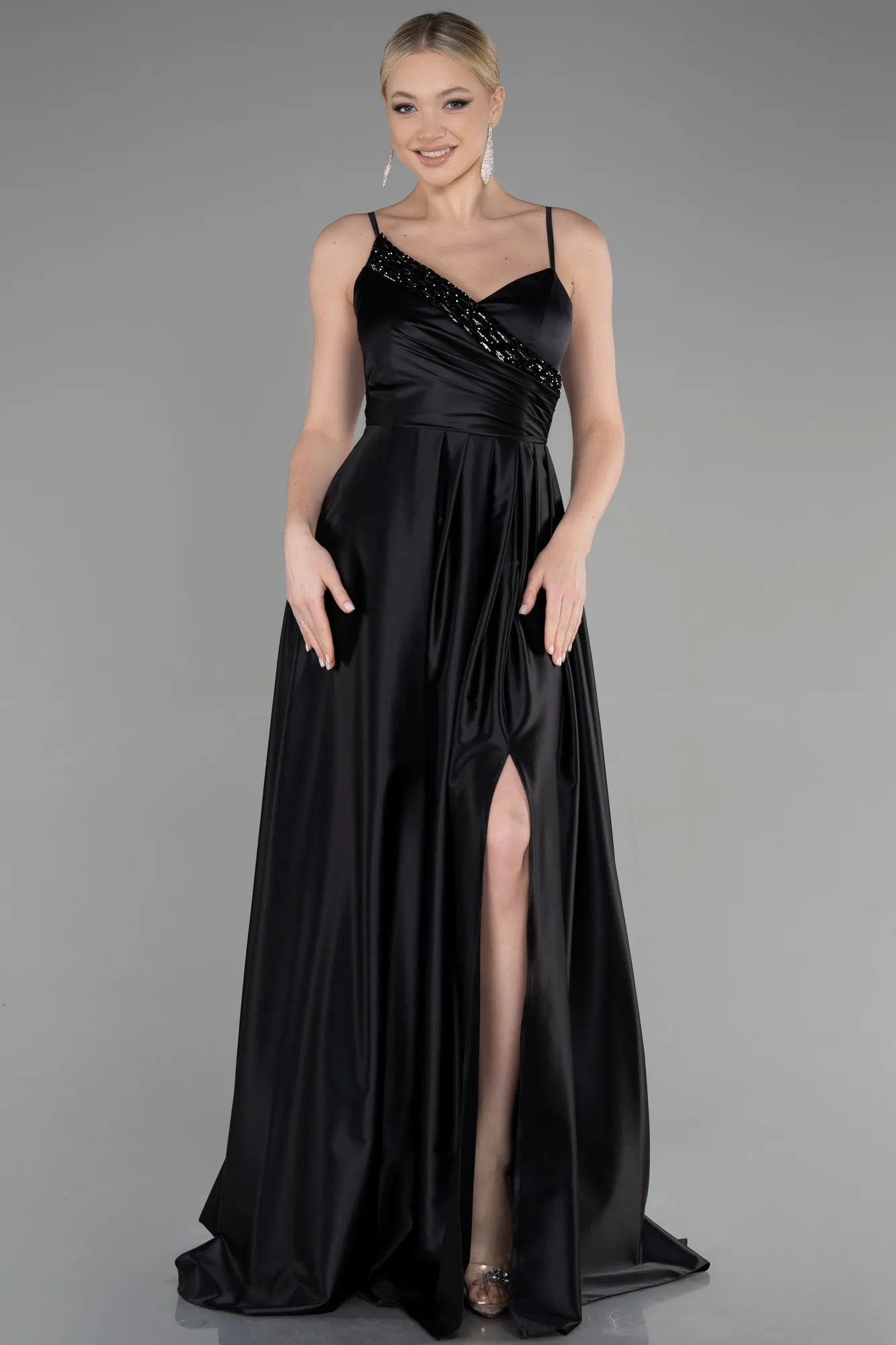 Black-Long Satin Evening Dress ABU3483