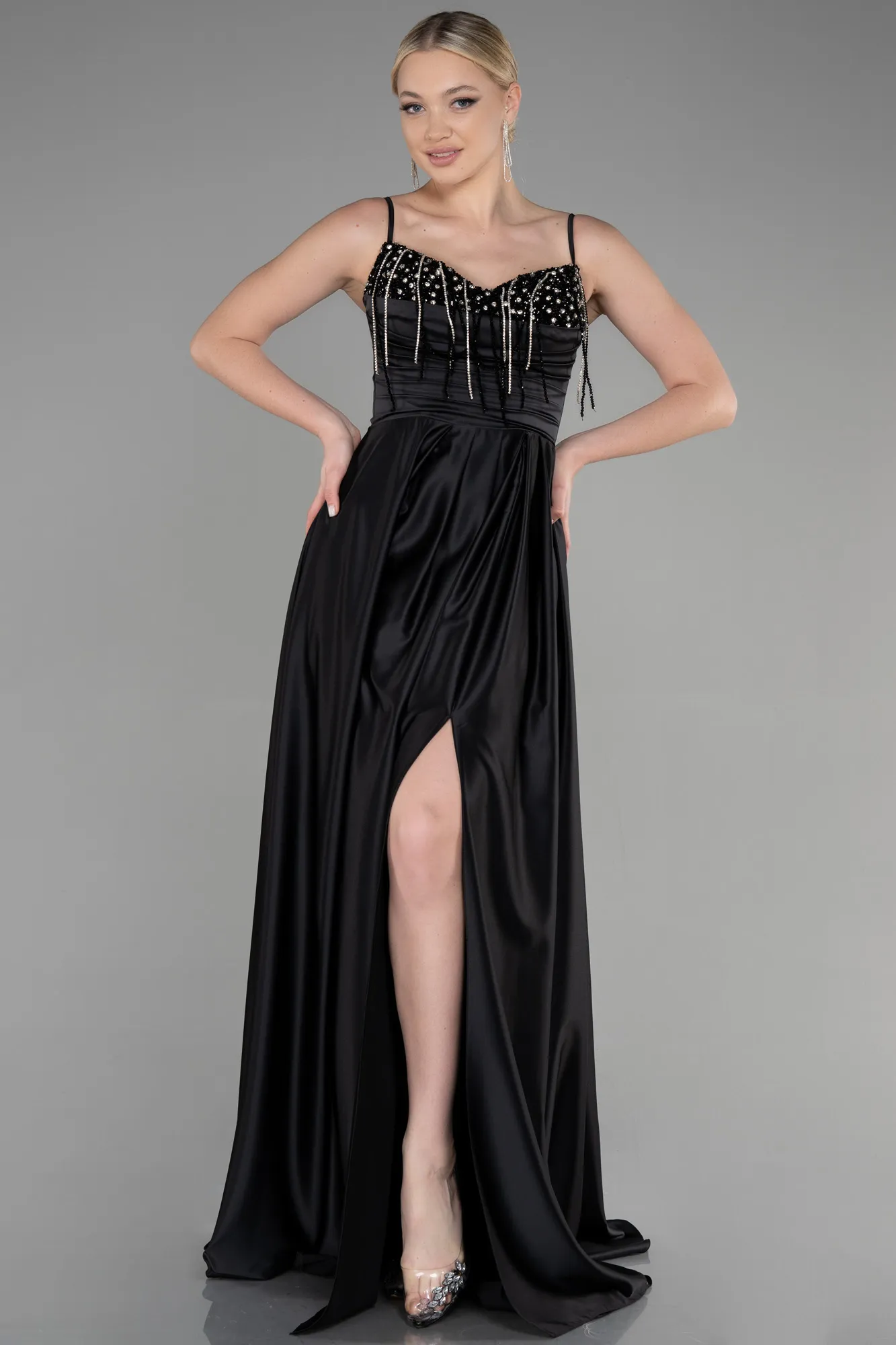 Black-Long Satin Evening Dress ABU3484