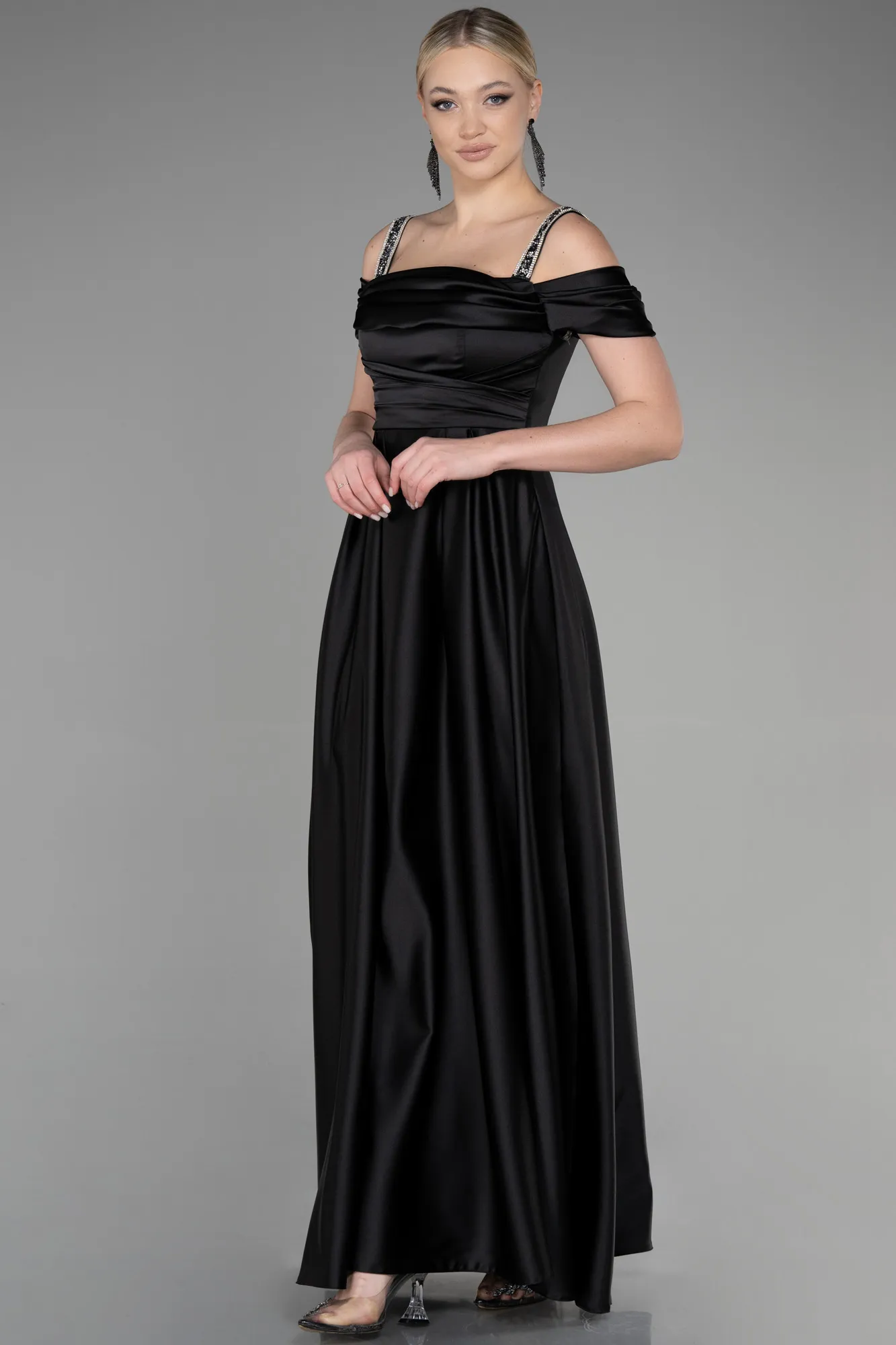Black-Long Satin Evening Dress ABU3499
