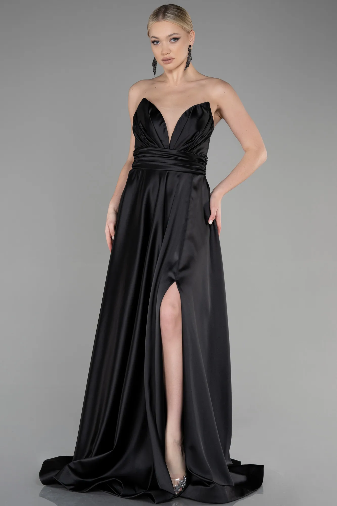 Black-Long Satin Evening Dress ABU3502