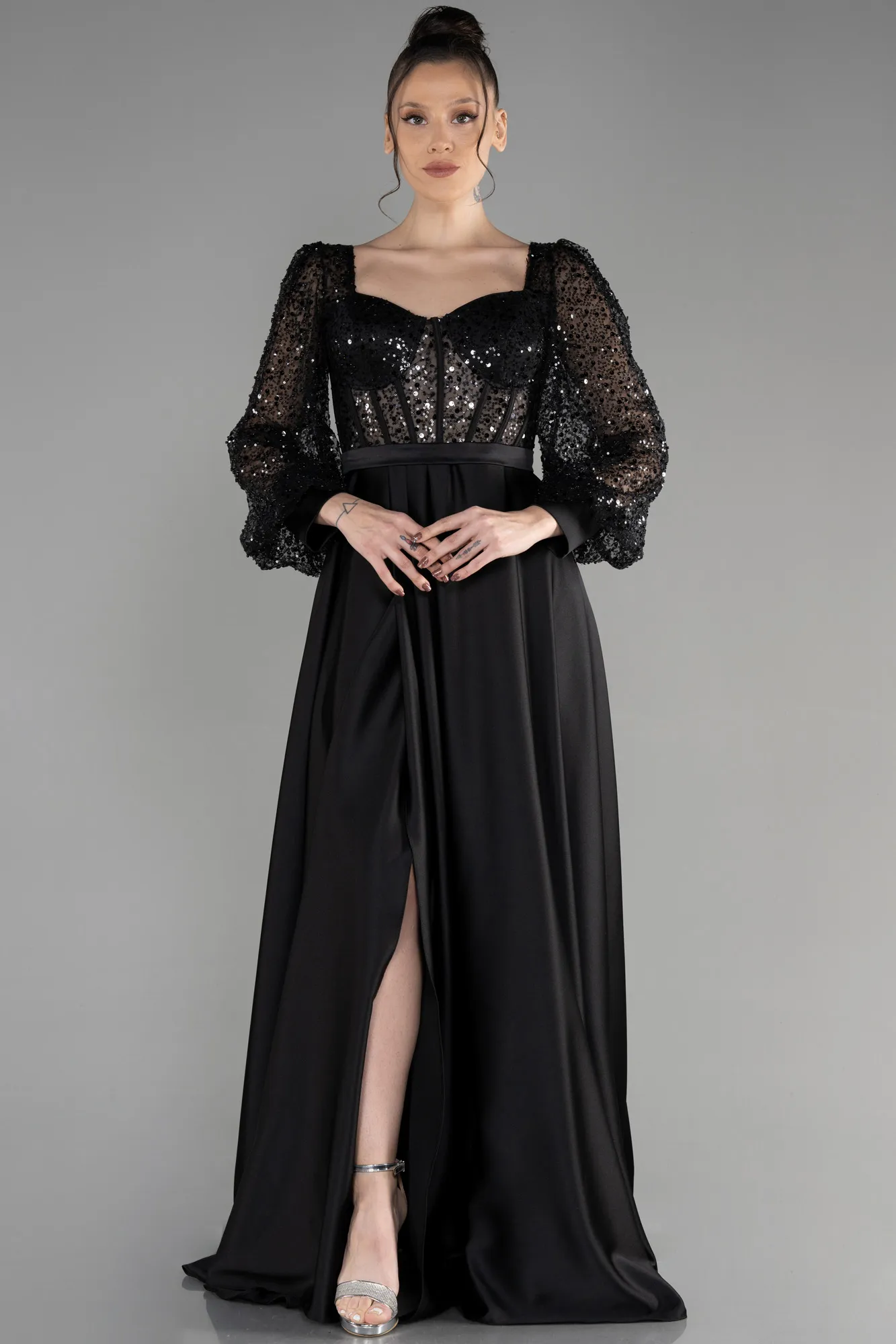 Black-Long Satin Evening Dress ABU3513