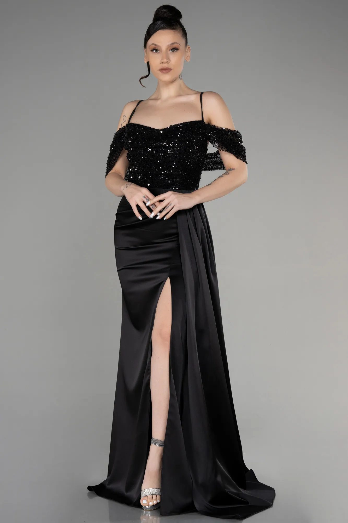 Black-Long Satin Evening Dress ABU3521