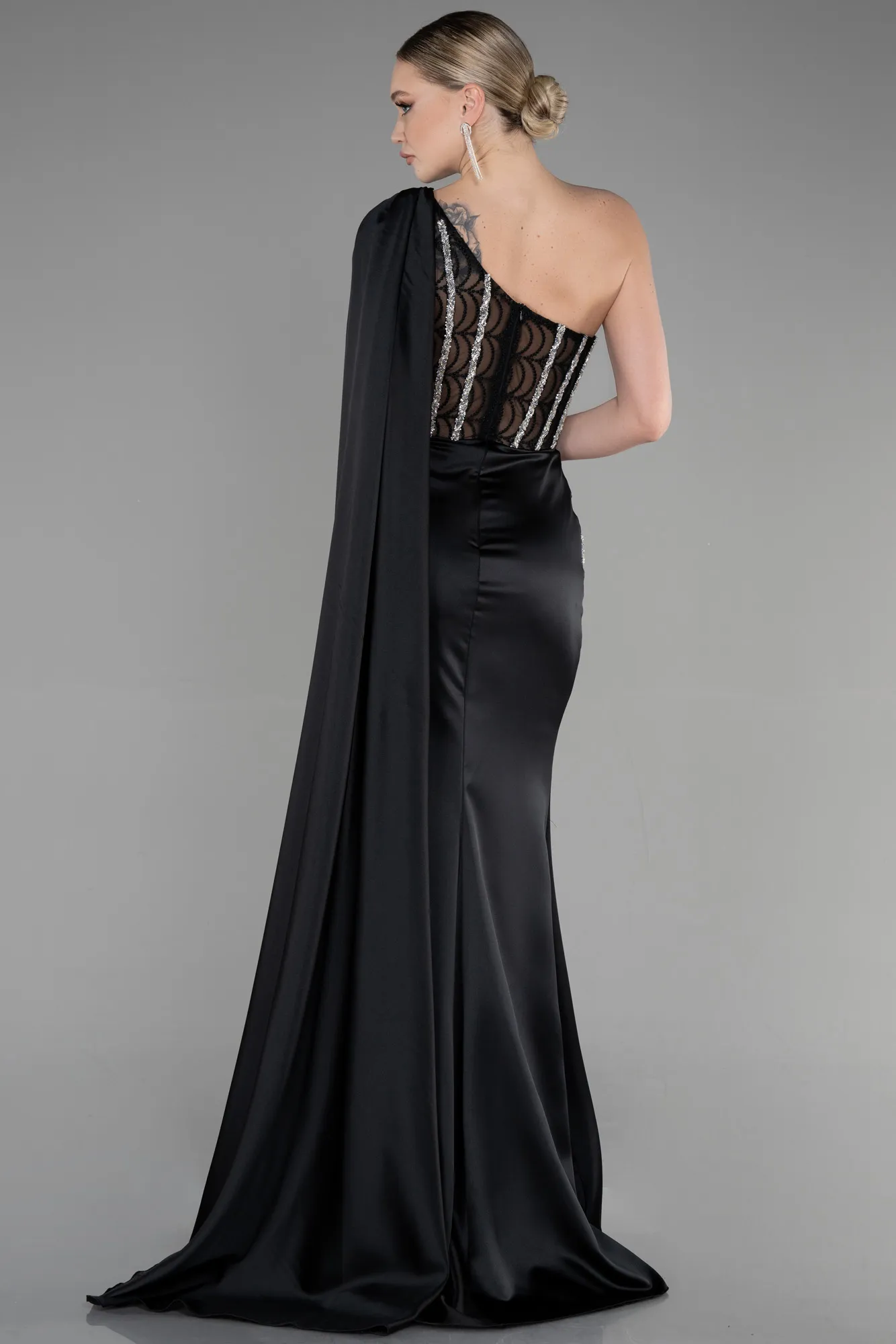 Black-Long Satin Evening Dress ABU3603