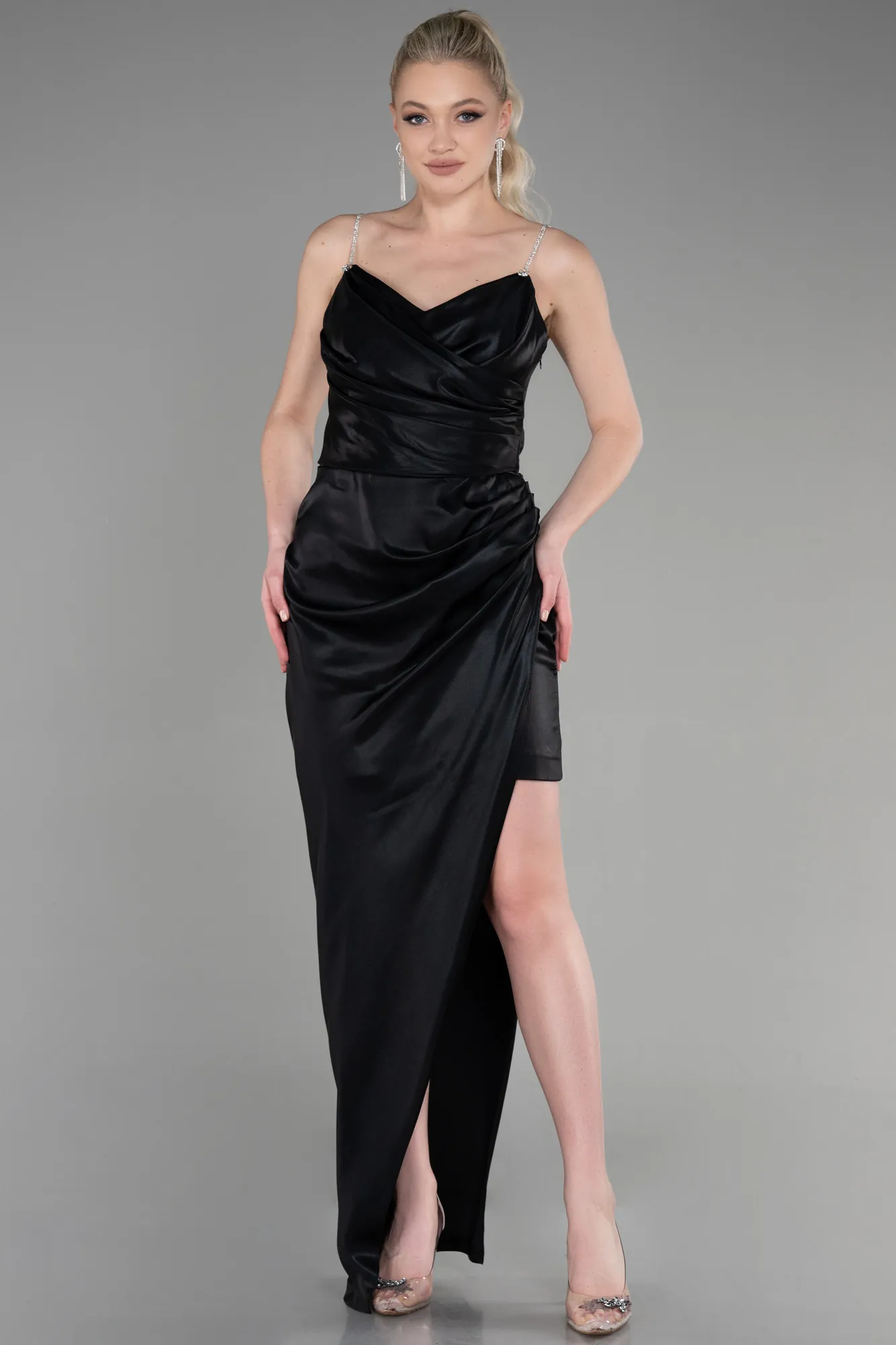 Black-Long Satin Evening Dress ABU3629
