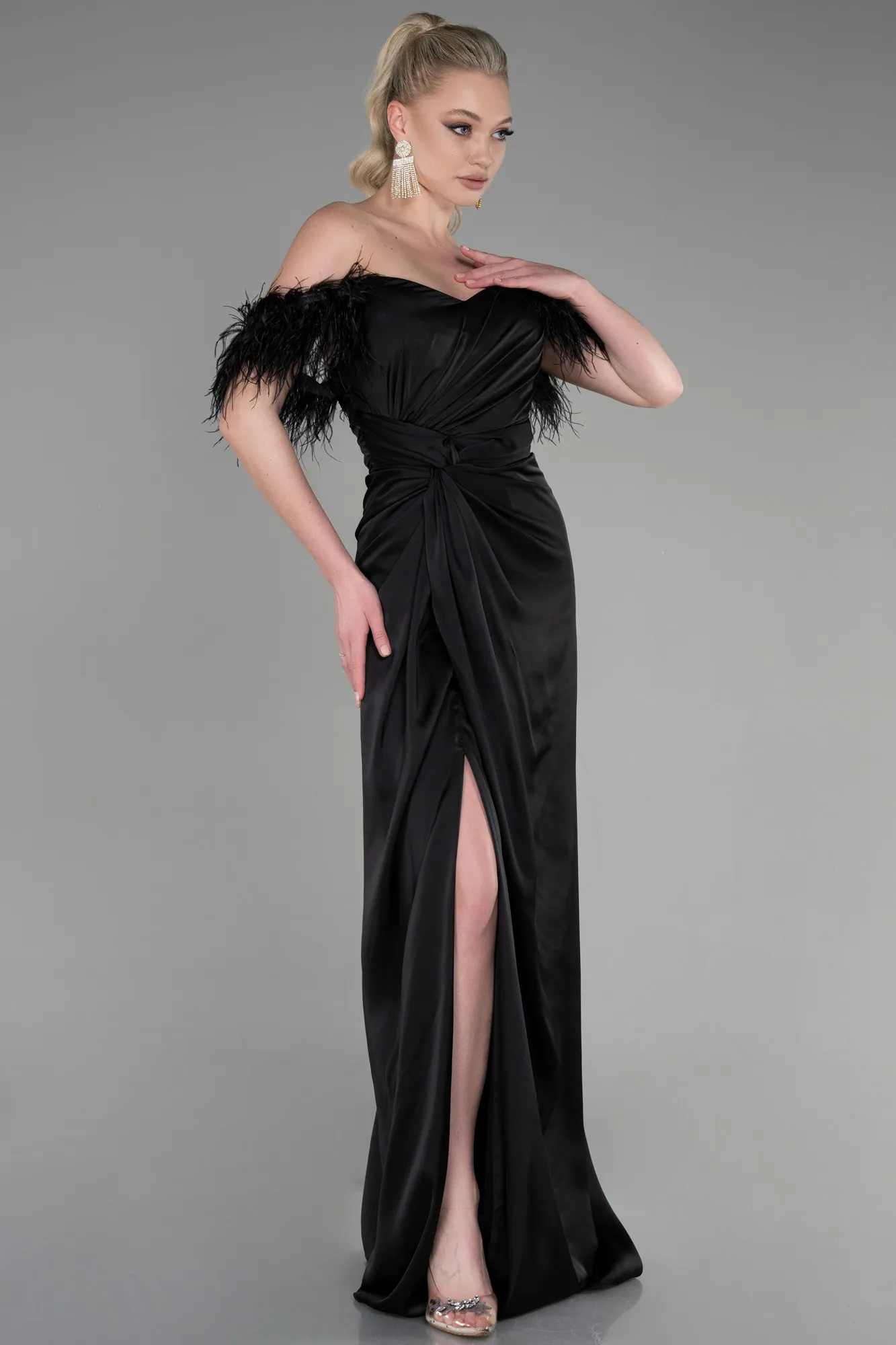 Black-Long Satin Evening Dress ABU3631